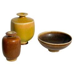 Conjunto de tres miniaturas Berndt Friberg Jarrones y cuenco Gres Gustavsberg Suecia