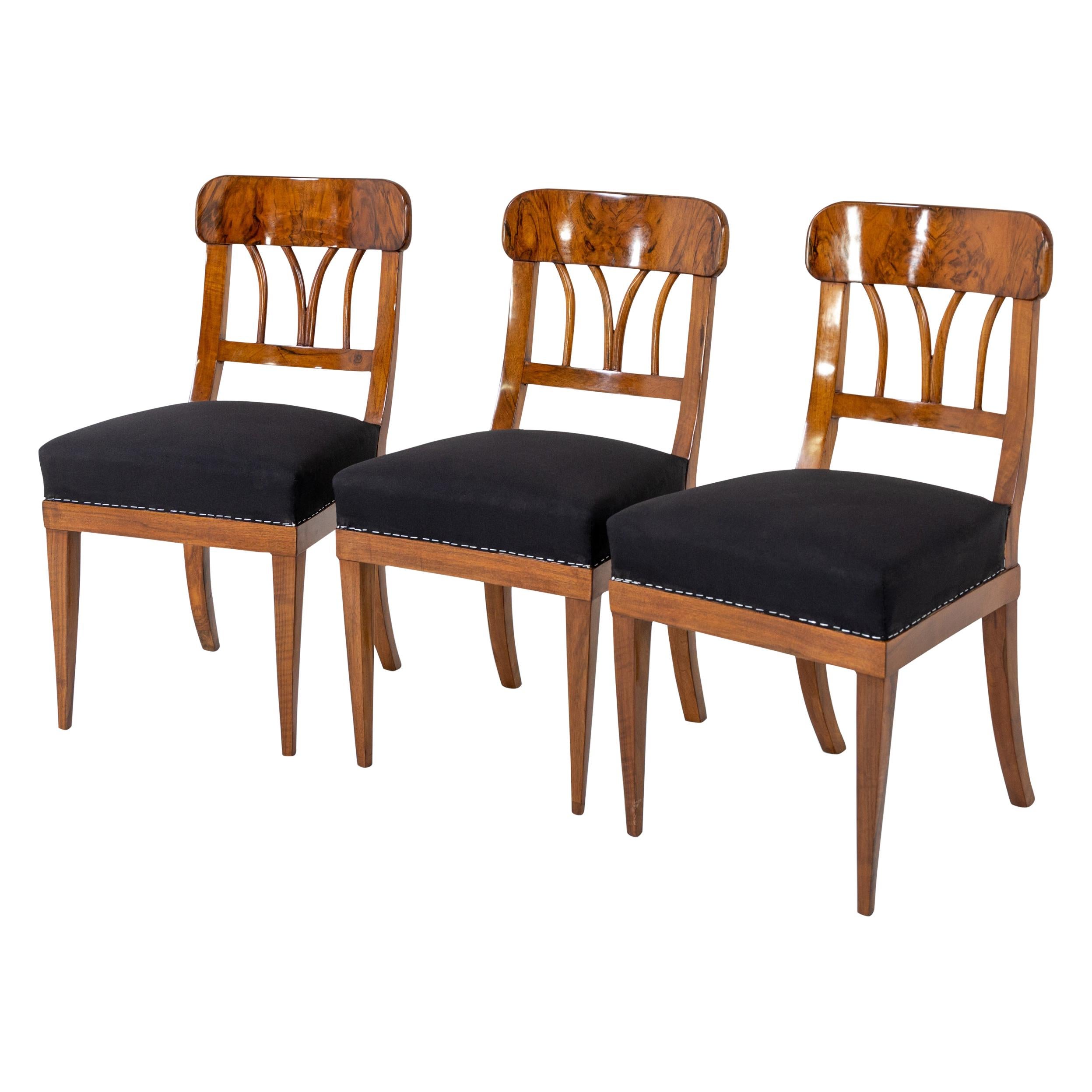 Three Biedermeier Walnut Chairs, Around 1830