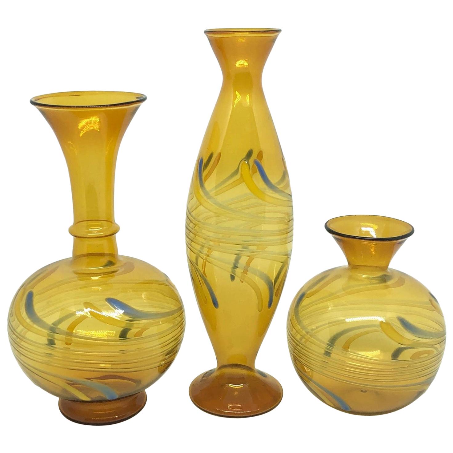 Set of Three Bimini Style Art Glass Vases, Mid-20th Century