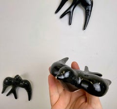 Set of Three Black Ceramic Wall-Mounted Swallows, France, Circa 1960