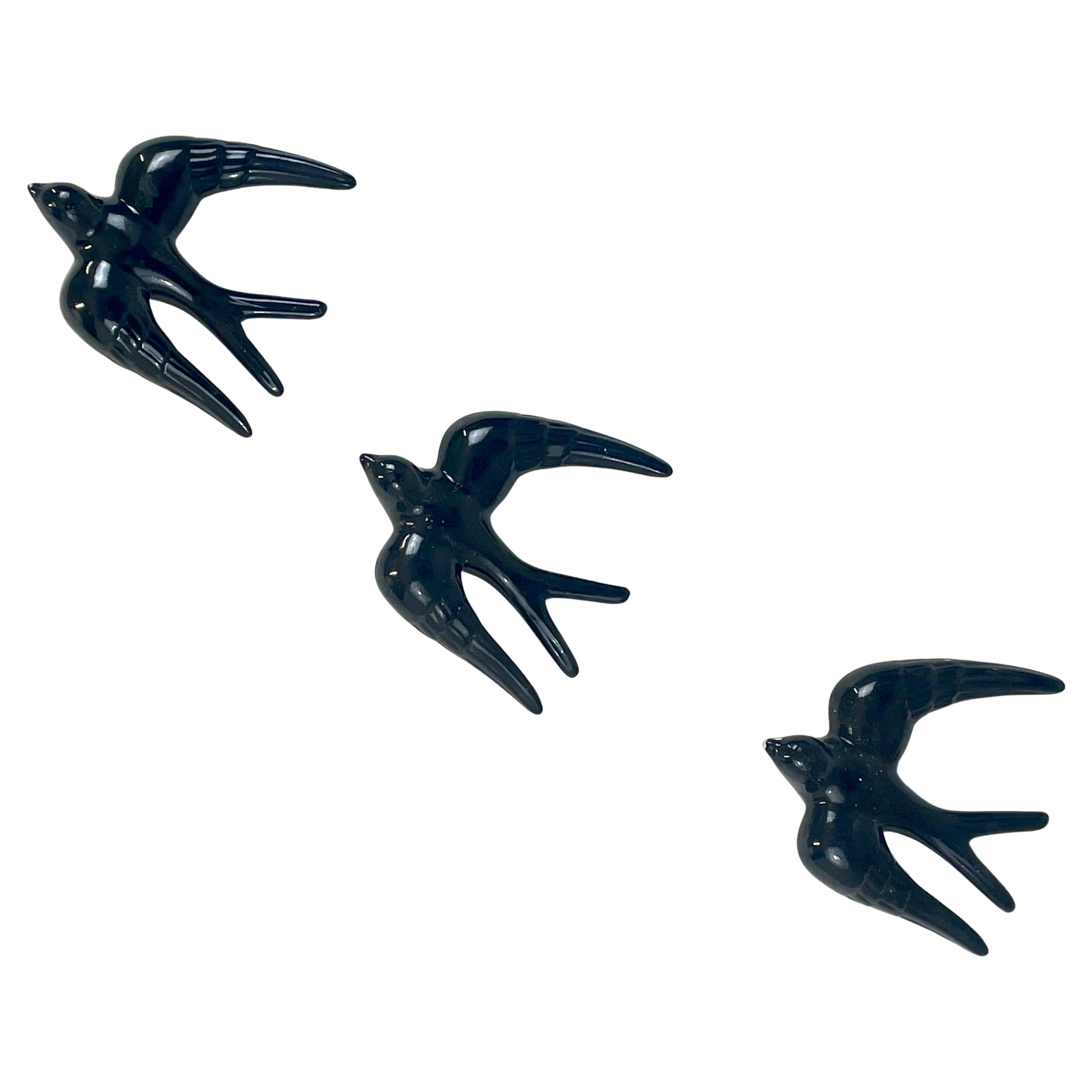 Set of Three Black Ceramic Wall-Mounted Swallows, France, Circa 1960 For Sale