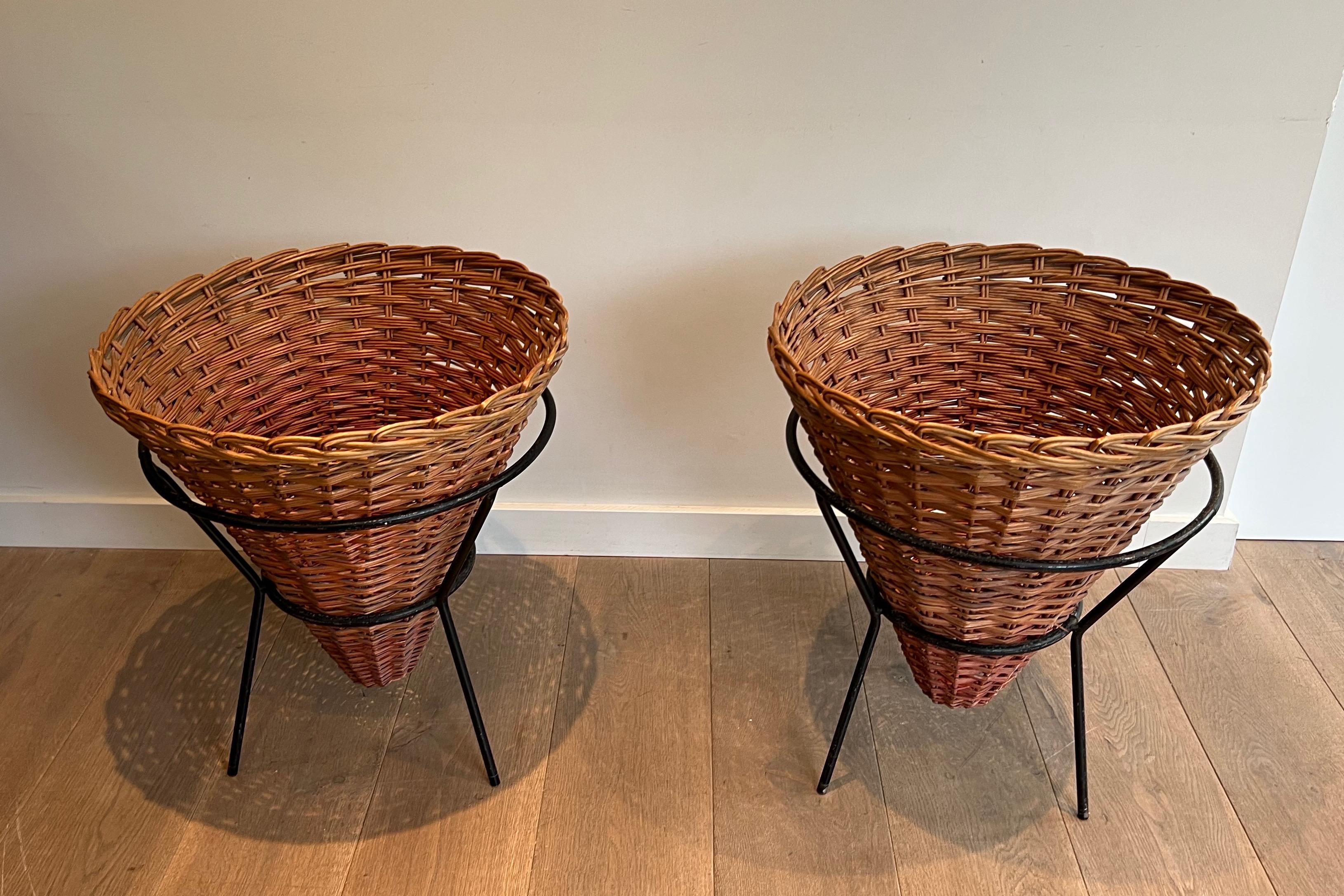 Set of Three Black Lacquered Metal and Rattan Planters, French Work, circa 1950 In Good Condition For Sale In Marcq-en-Barœul, Hauts-de-France