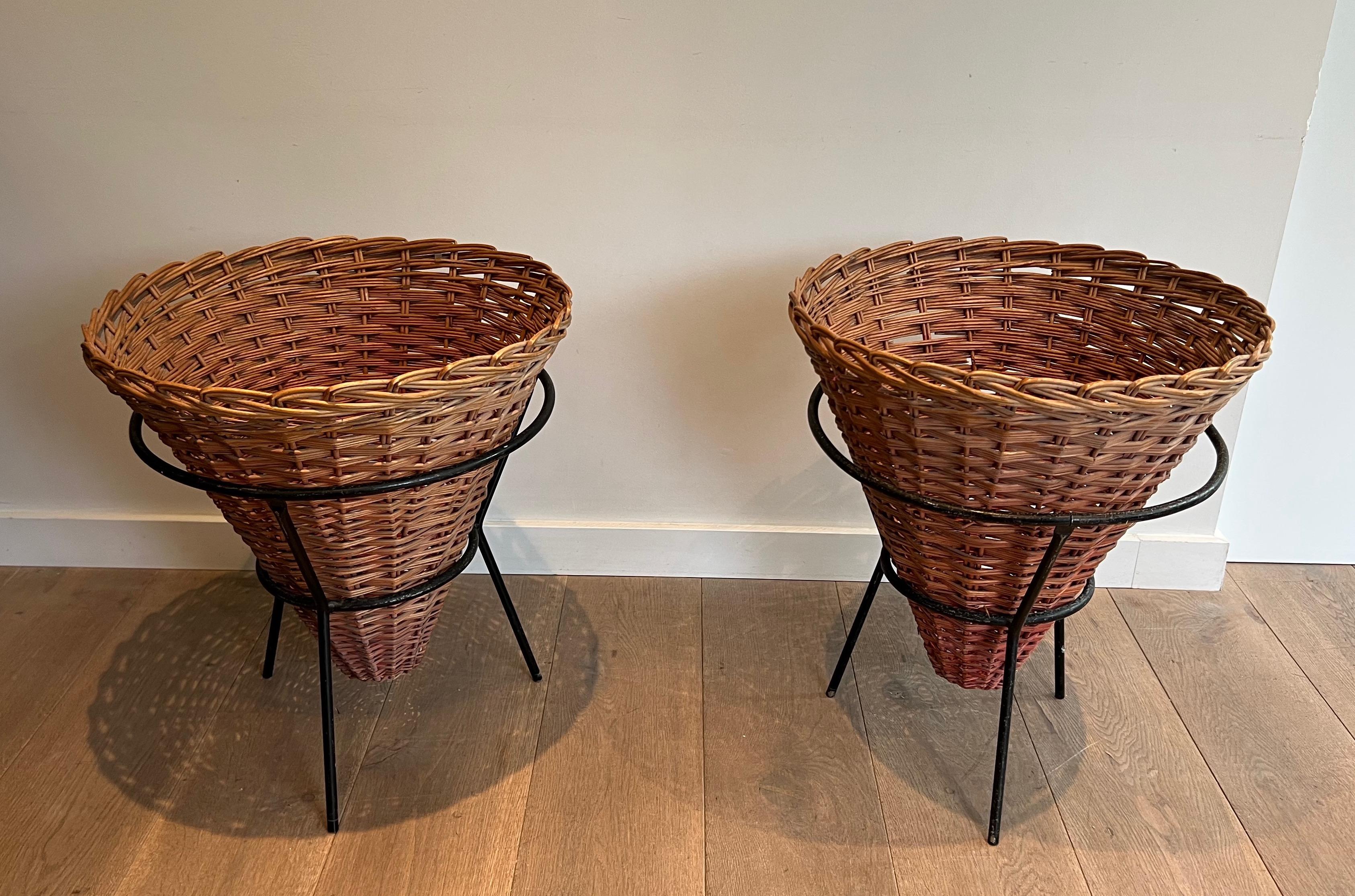 Mid-20th Century Set of Three Black Lacquered Metal and Rattan Planters, French Work, circa 1950 For Sale
