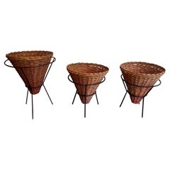 Set of Three Black Lacquered Metal and Rattan Planters, French Work, circa 1950