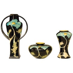 Set of Three Black Ryden 'Moorcroft' Vases