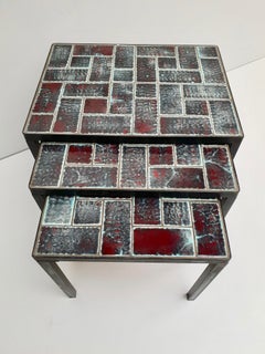Three Mid-Century Black Wrought Iron Ceramic Tile Stacking Tables circa 1960