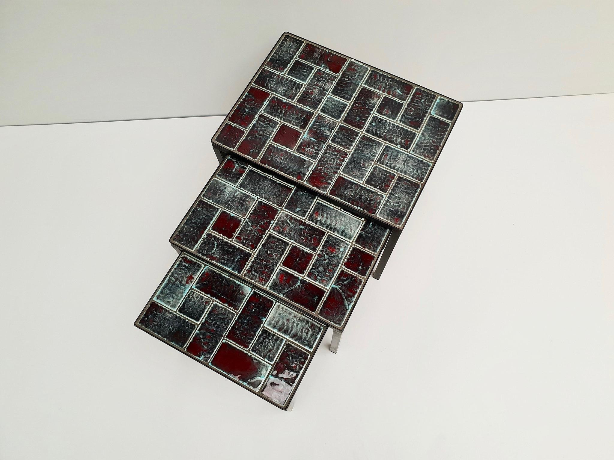 Italian Three Mid-Century Black Wrought Iron Ceramic Tile Stacking Tables circa 1960 For Sale