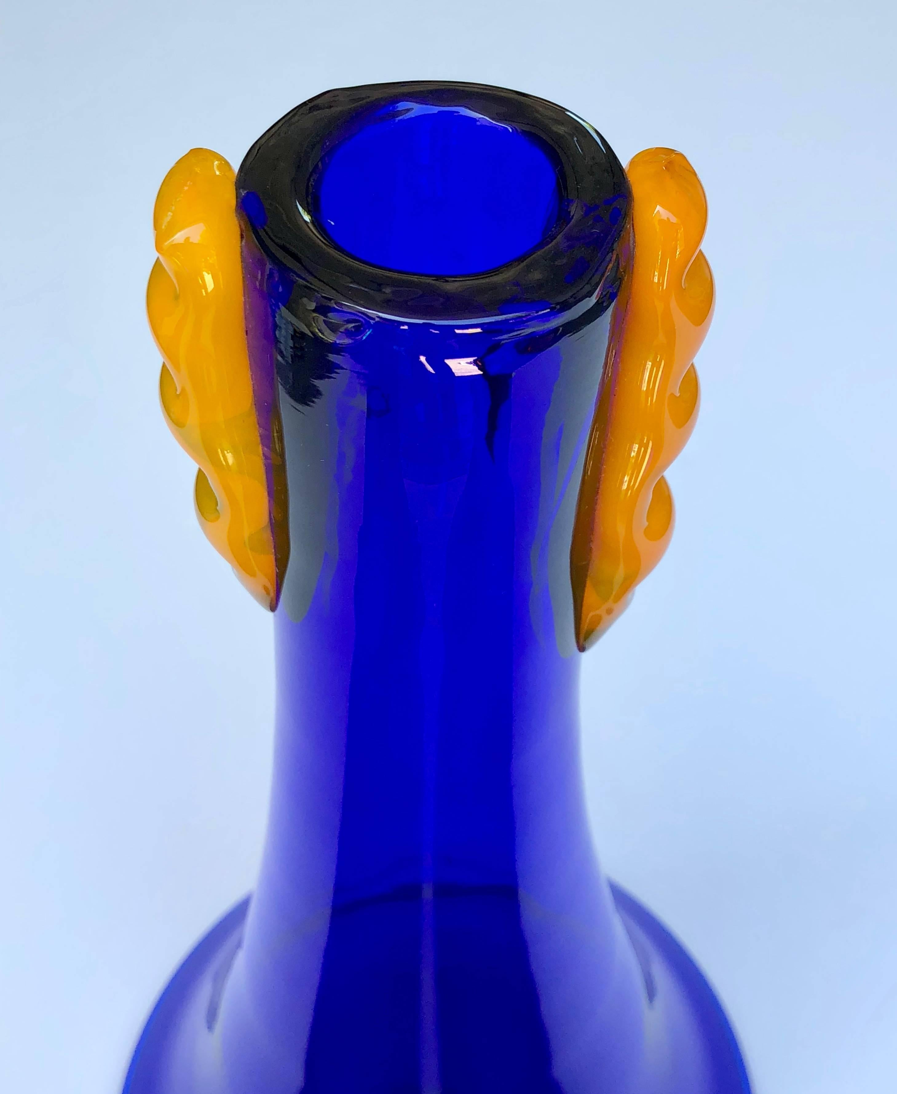 Modern Set of Three Blenko Cobalt Glass Flared Vases with Applied Orange Decoration