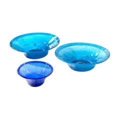 Set of Three Blue Biot Glass Bowls, 20th Century