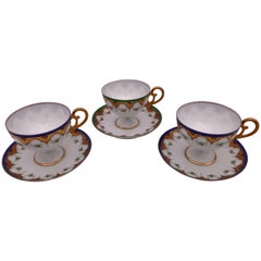 Antique Set of Three Bone China Tea Cups with Pedestal Bottom, Saucers Early 1900s