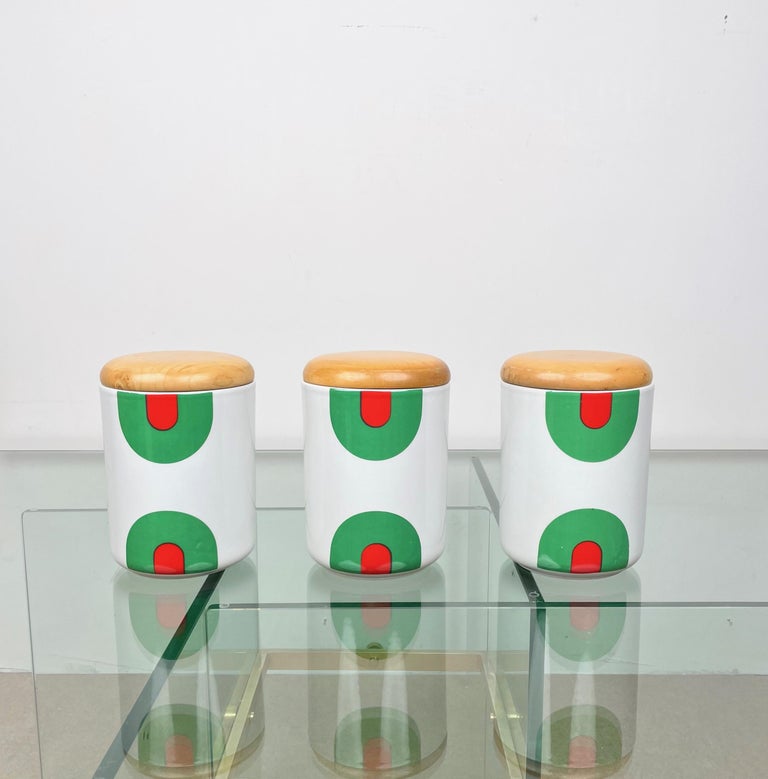 Mid-Century Modern Set of Three Box Vase Ceramic & Wood by Franco Pozzi Gallarate, Italy 1970s For Sale