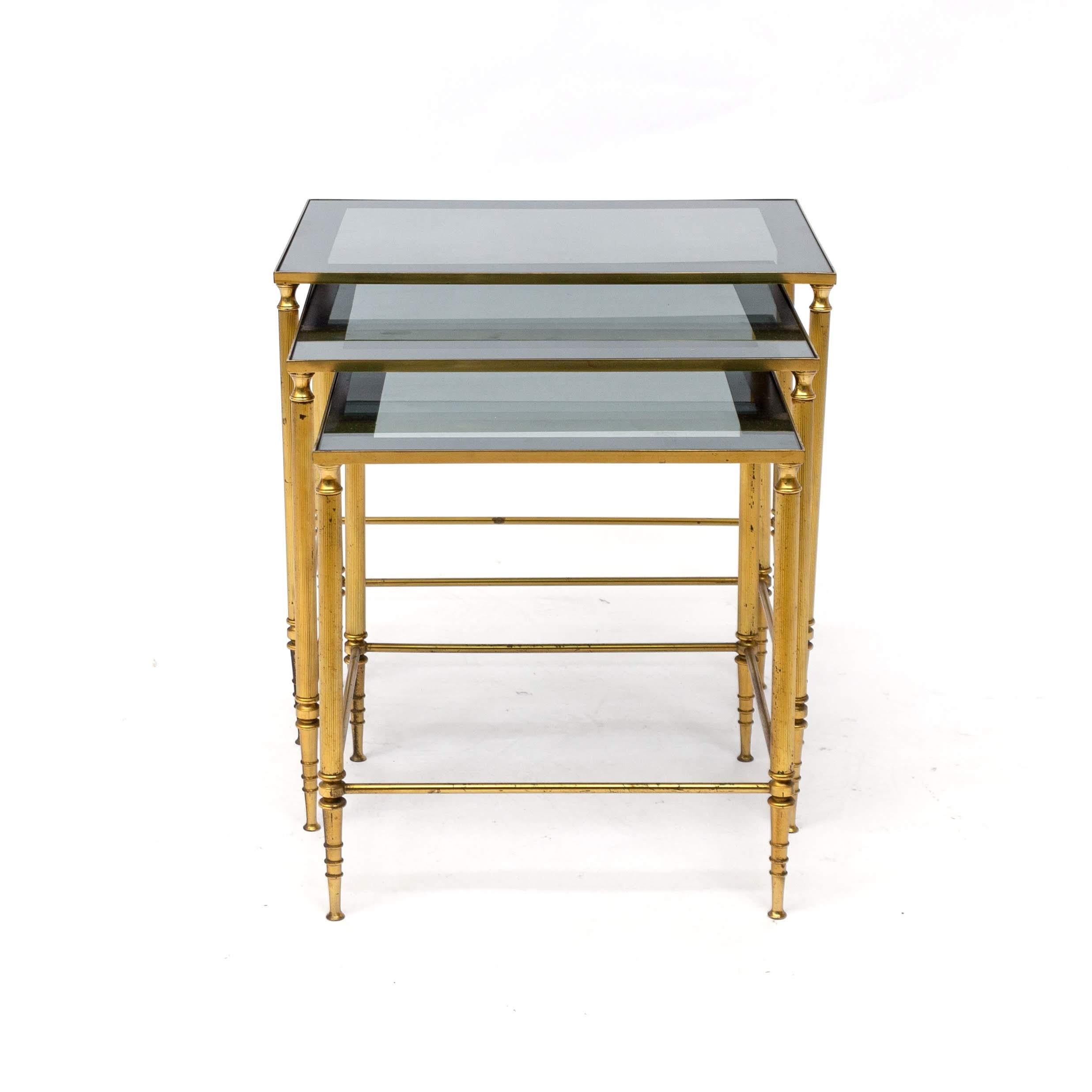 Set of Three Brass an Glass Nesting Tables Maison Jansen In Good Condition For Sale In Hilversum, NL