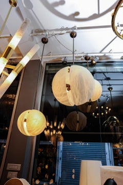 Set of Three Brass and Alabaster Half Spheres Suspensions by Glustin Luminaires