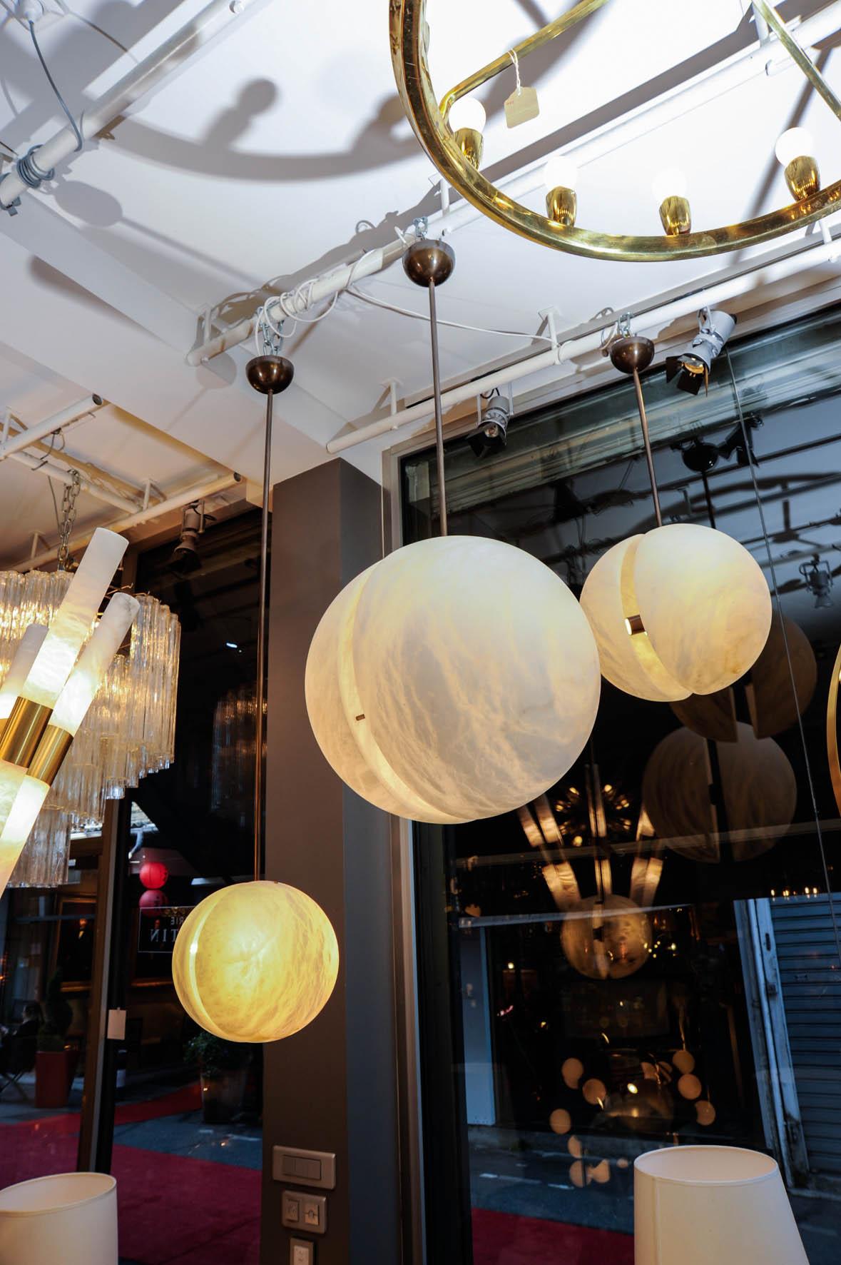 Modern Set of Three Brass and Alabaster Half Spheres Suspensions by Glustin Luminaires For Sale
