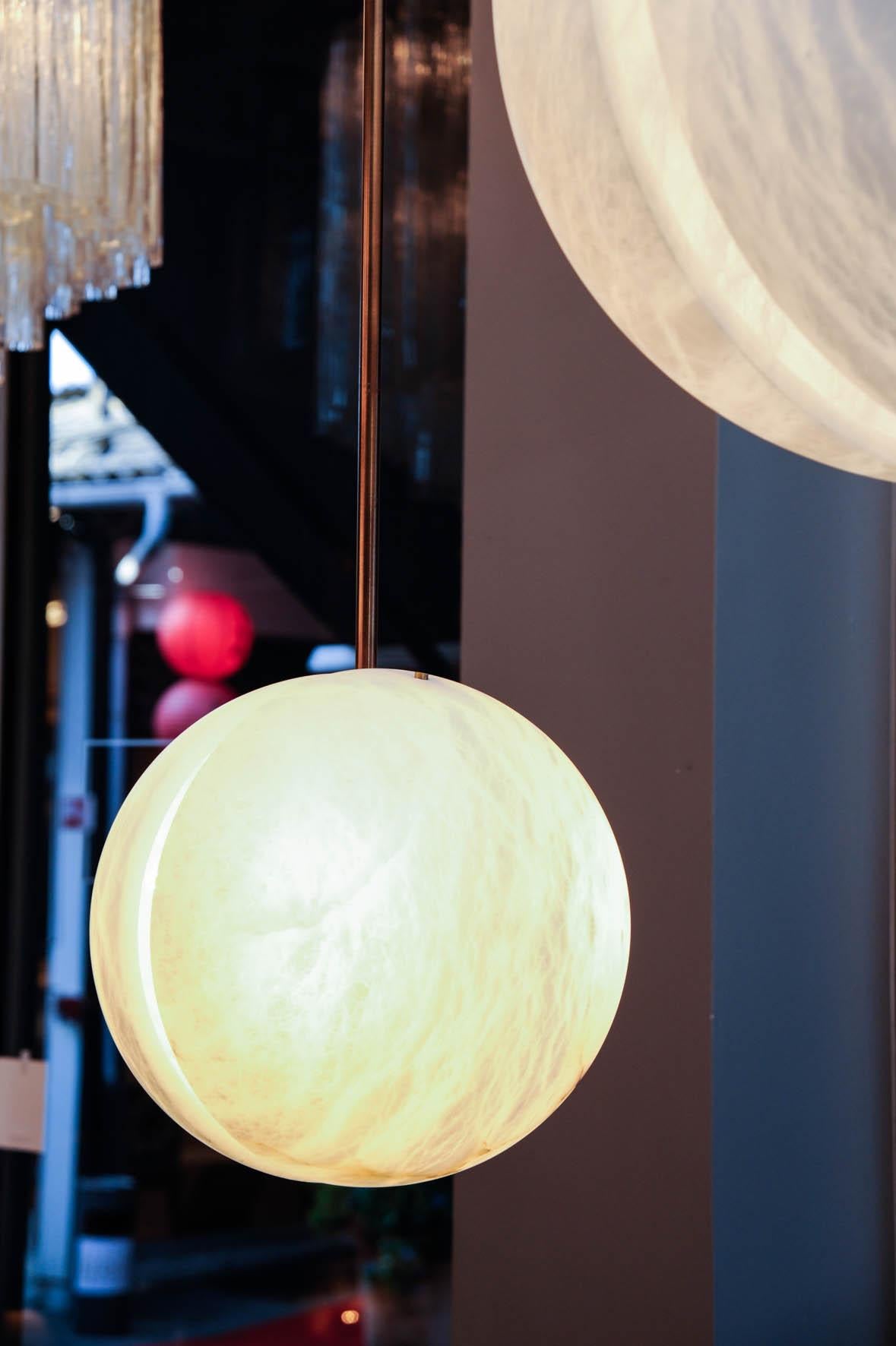 Contemporary Set of Three Brass and Alabaster Half Spheres Suspensions by Glustin Luminaires For Sale