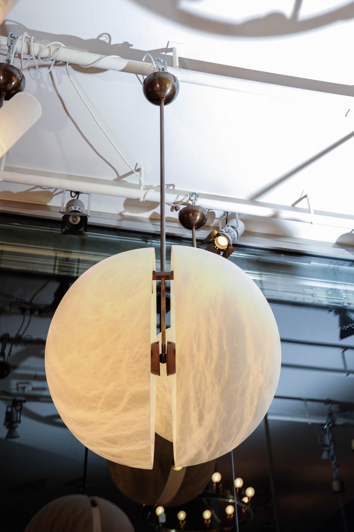 Set of Three Brass and Alabaster Half Spheres Suspensions by Glustin Luminaires For Sale 1