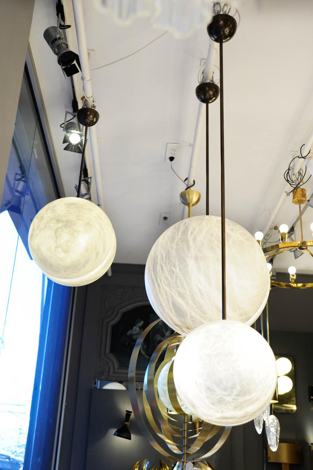 Set of Three Brass and Alabaster Half Spheres Suspensions by Glustin Luminaires For Sale 2