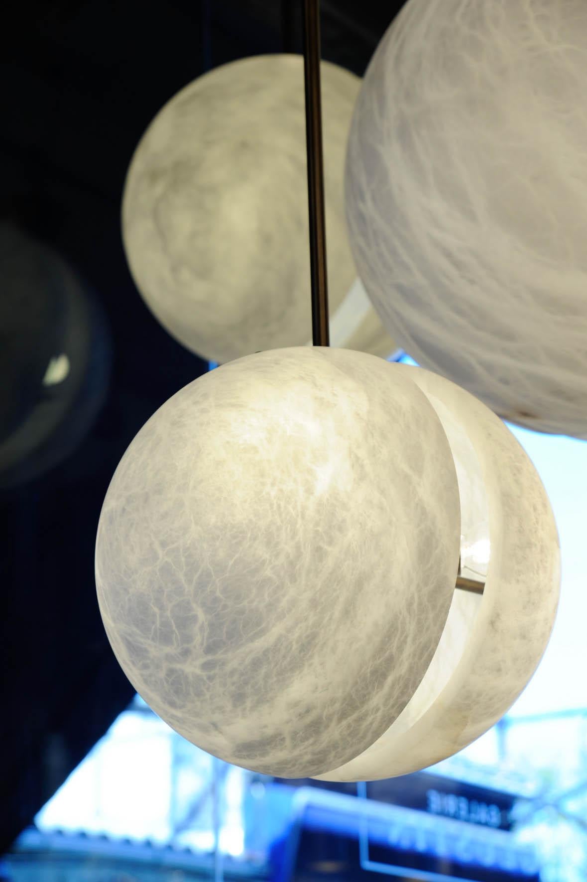 Set of Three Brass and Alabaster Half Spheres Suspensions by Glustin Luminaires For Sale 3