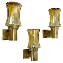 Vintage Set of Three Brass and amber glass theatre Wall Lights Sconces, Italy, 1970s