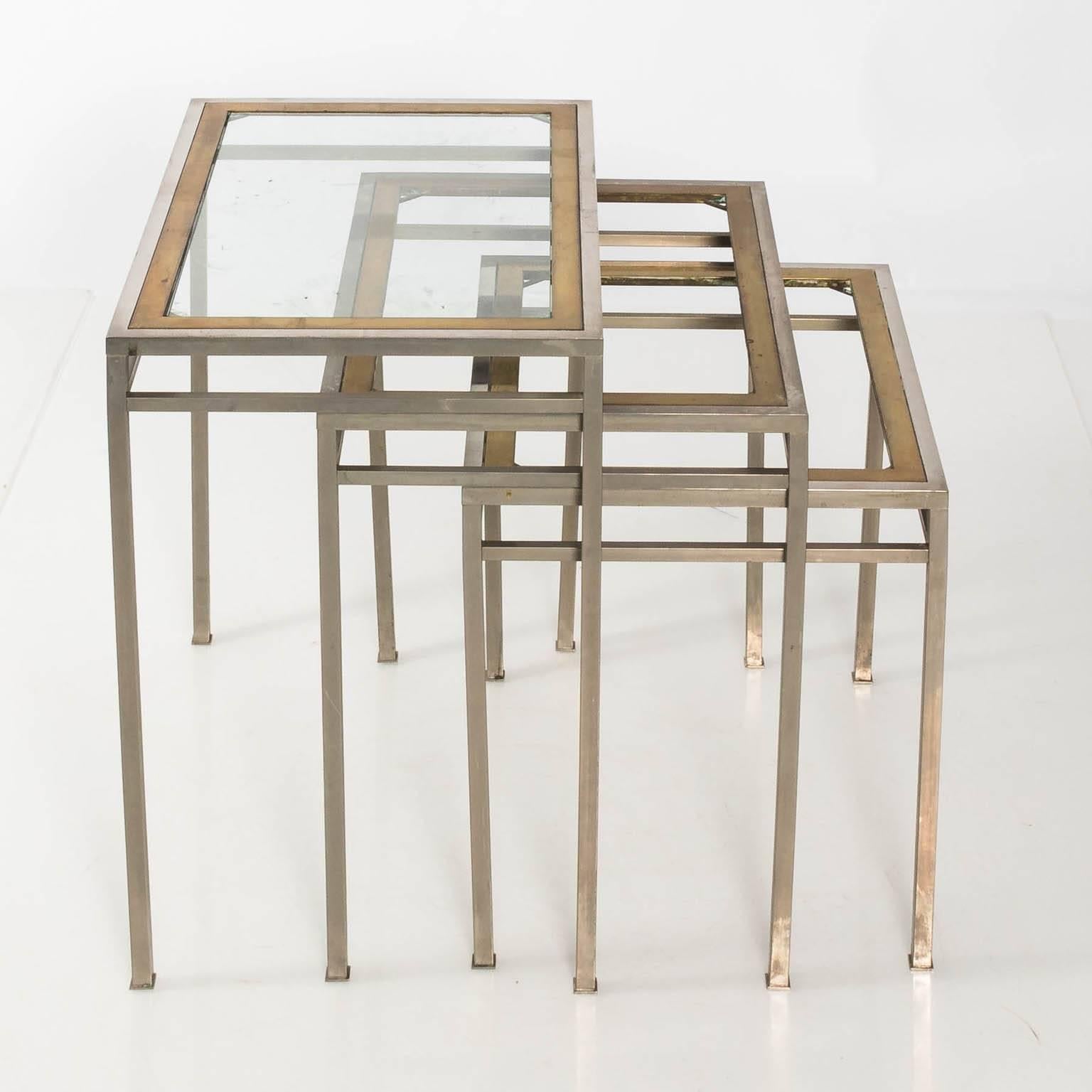 Mid-Century Modern Set of Three Brass and Chrome Nesting Tables