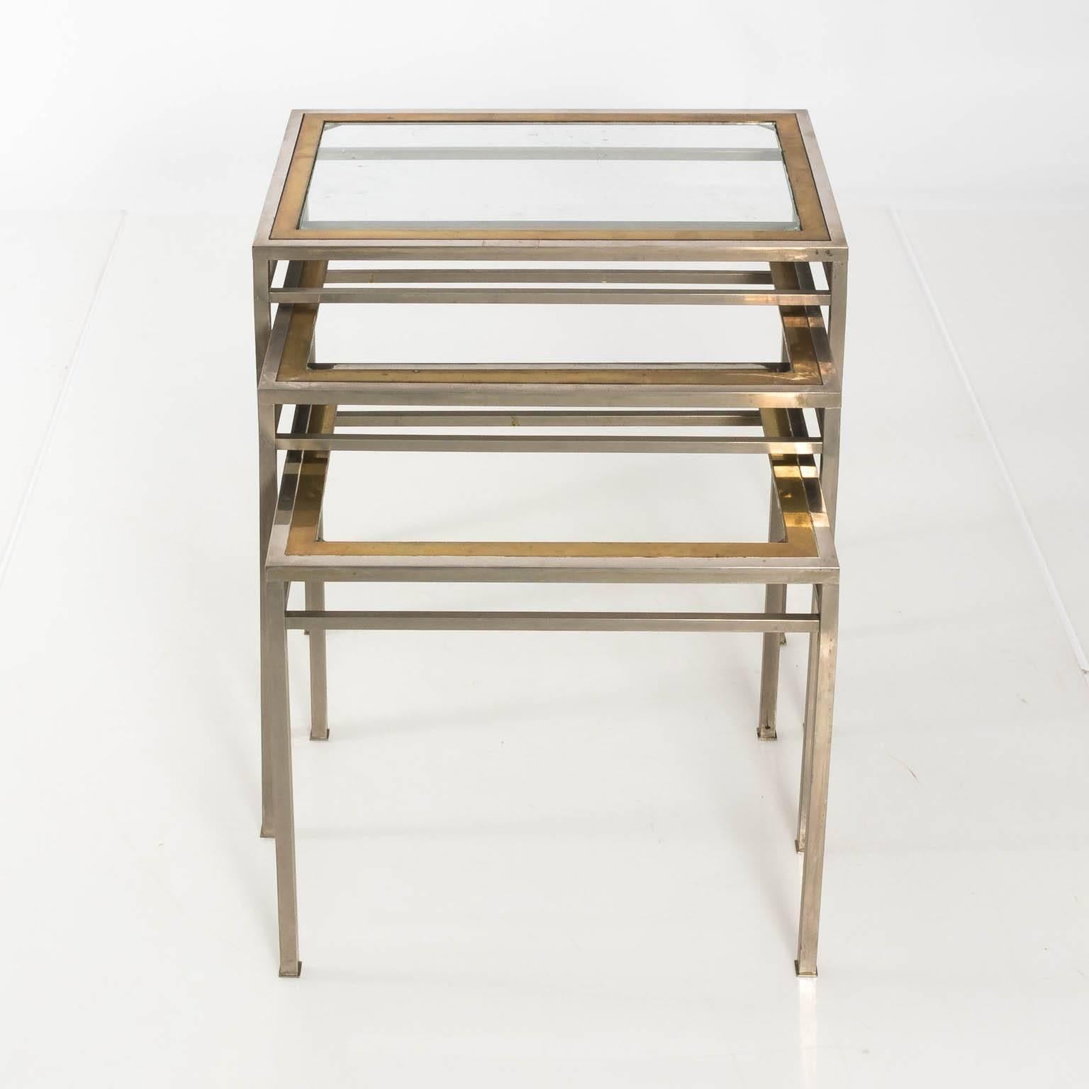 Set of Three Brass and Chrome Nesting Tables 1