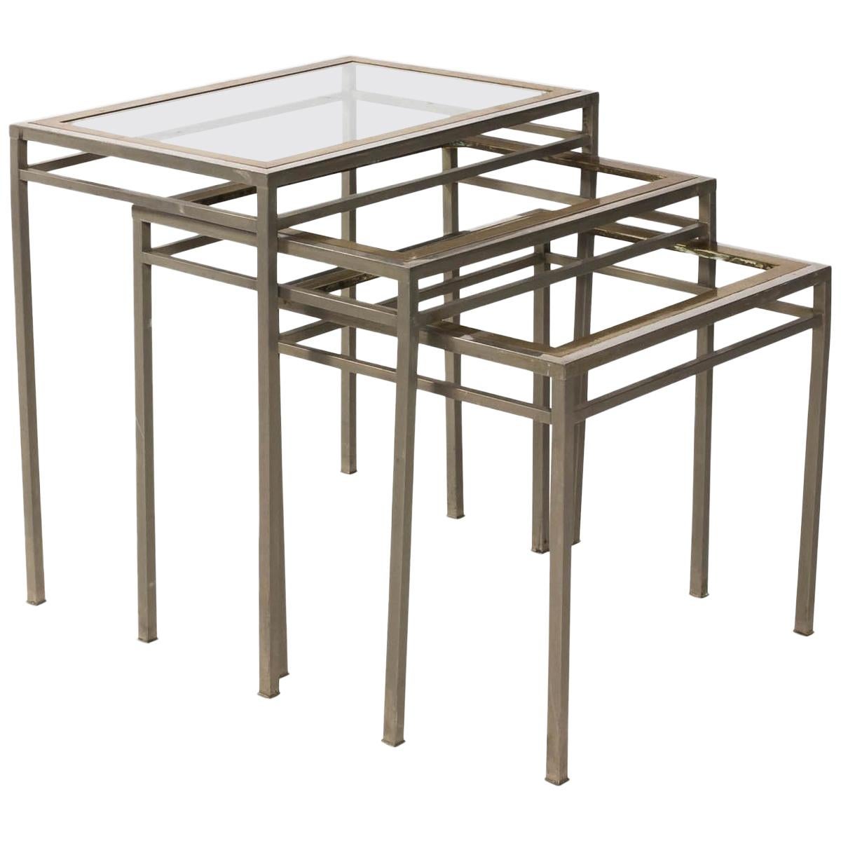 Set of Three Brass and Chrome Nesting Tables