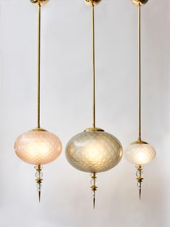 Set of Three Brass and Colored Murano Glass Suspensions