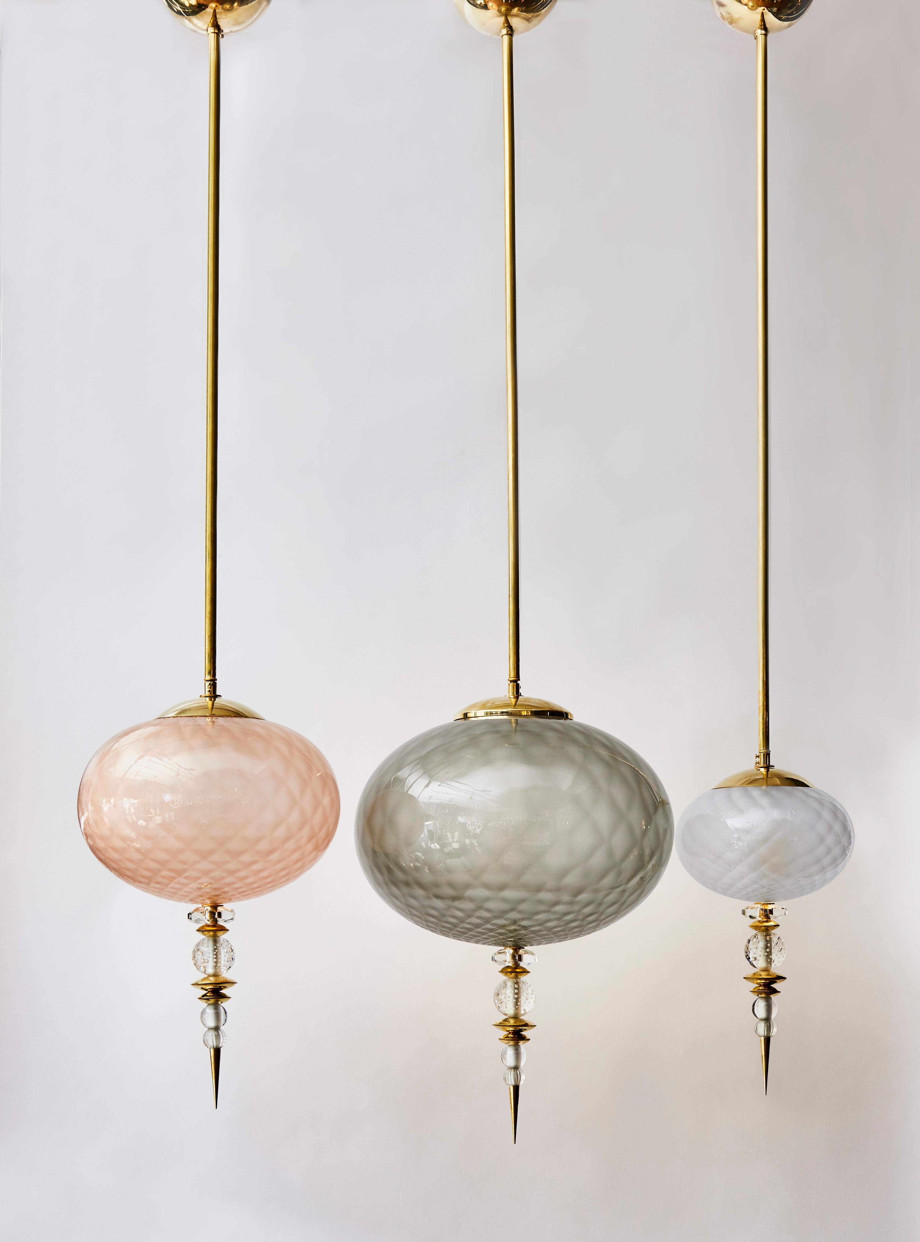 Mid-Century Modern Set of Three Brass and Colored Murano Glass Suspensions For Sale