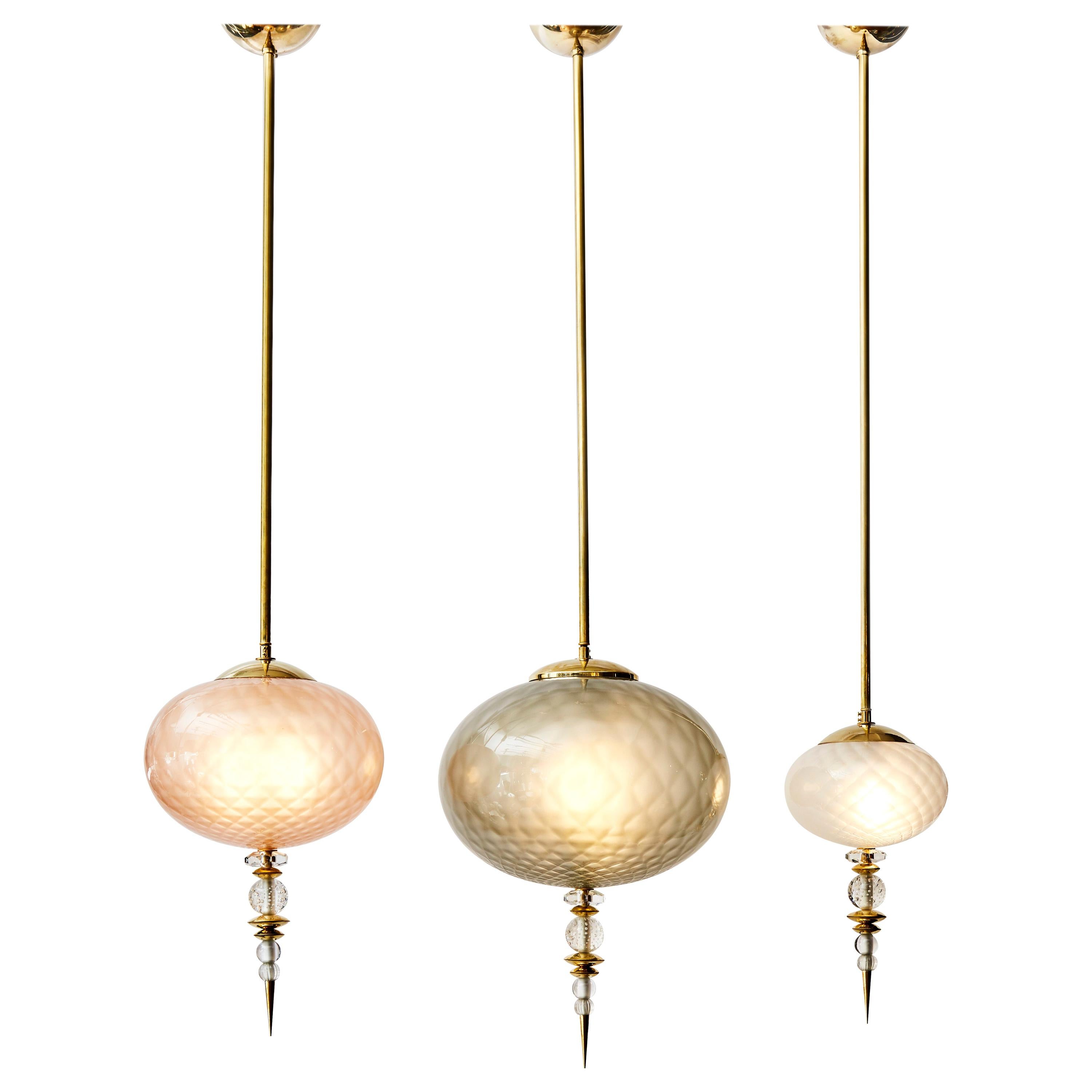 Set of Three Brass and Colored Murano Glass Suspensions