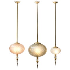 Set of Three Brass and Colored Murano Glass Suspensions