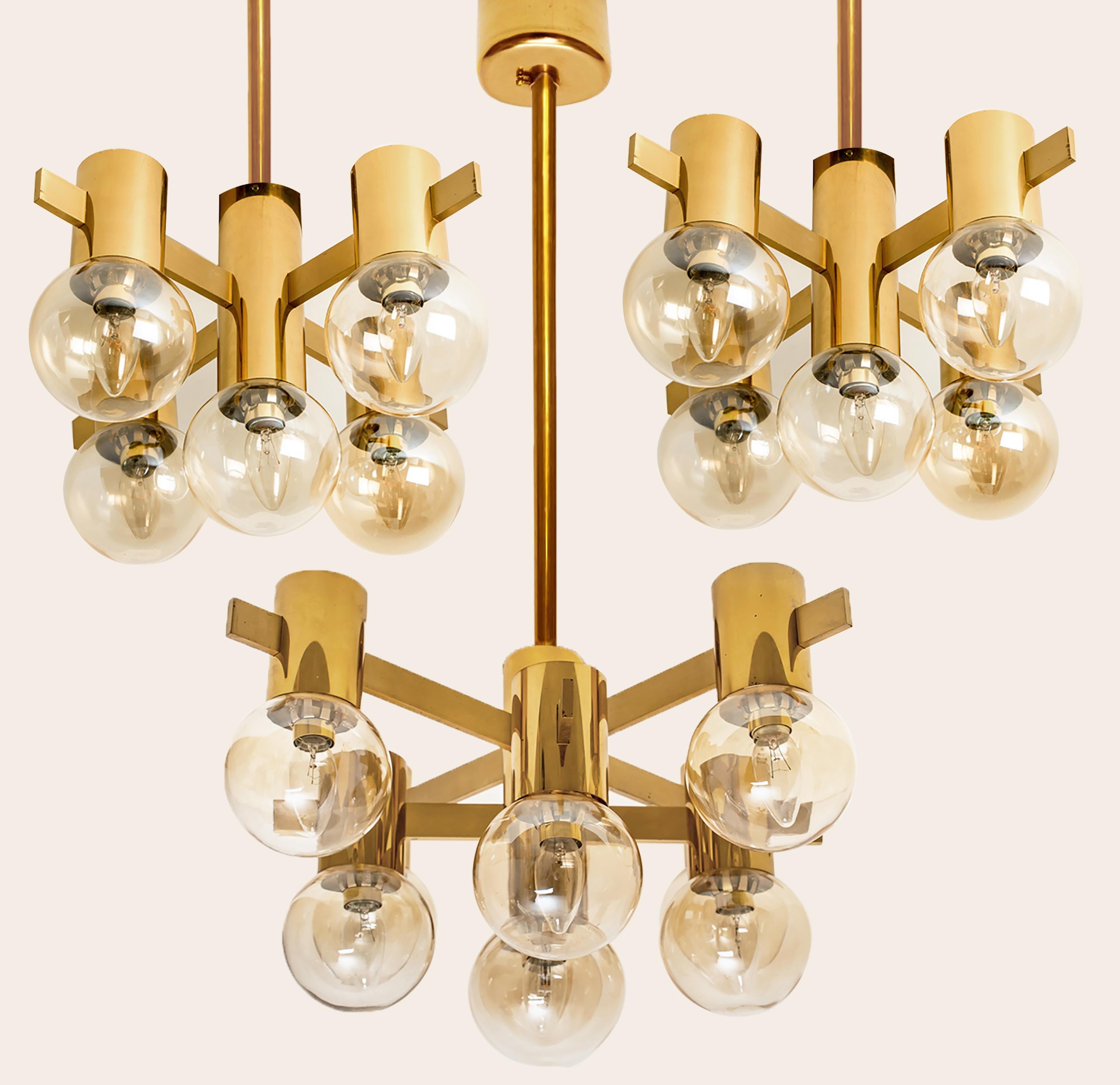 Set of Three Brass and Glass Light Fixtures in the Style of Jakobsson, 1960s For Sale 14