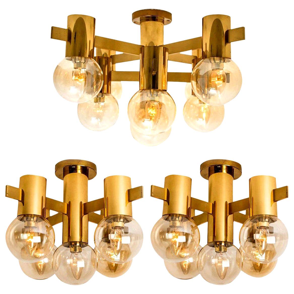 Set of Three Brass and Glass Light Fixtures in the Style of Jakobsson, 1960s