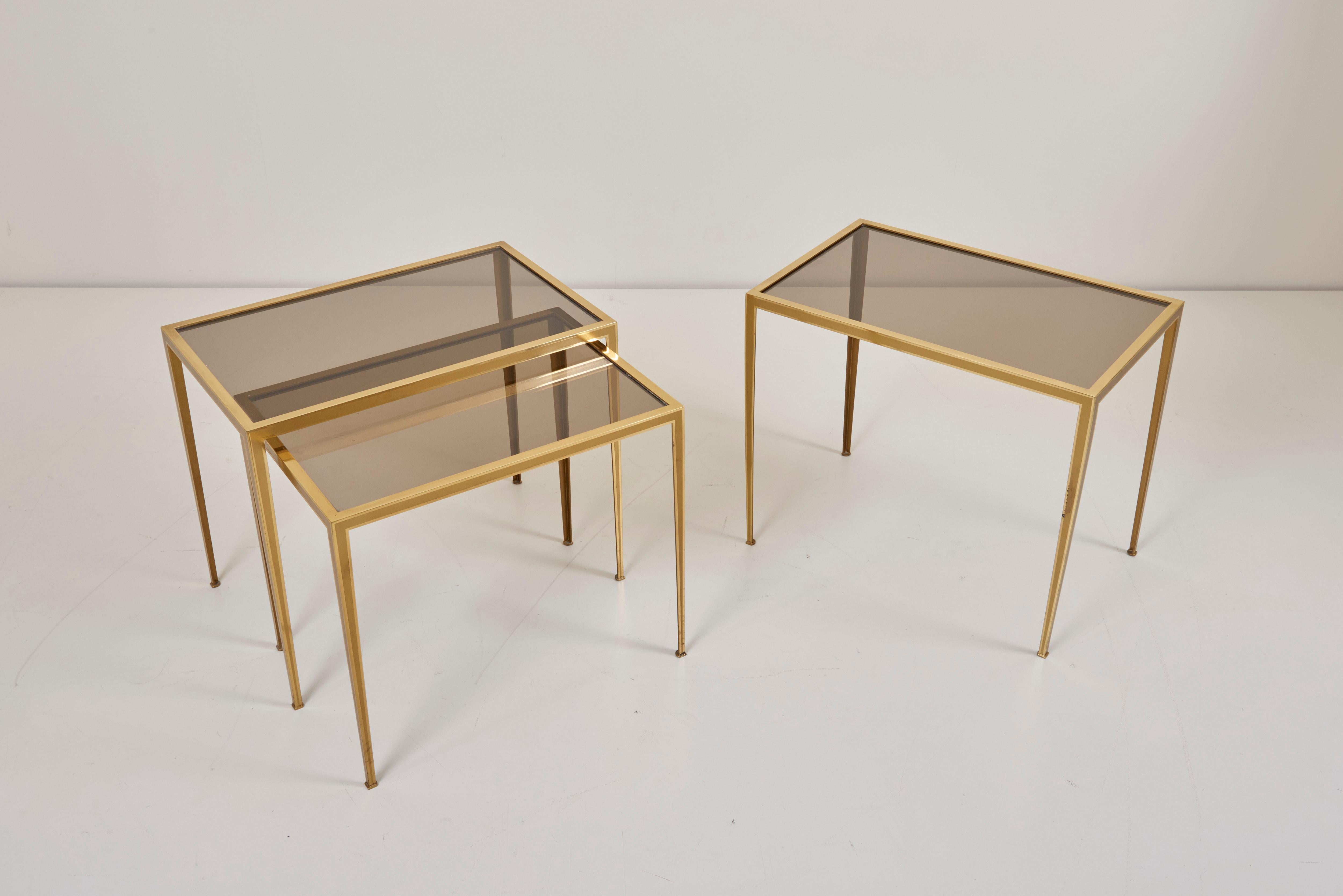 German Set of Three Brass and Glass Nesting Tables by Münchner Werkstätten