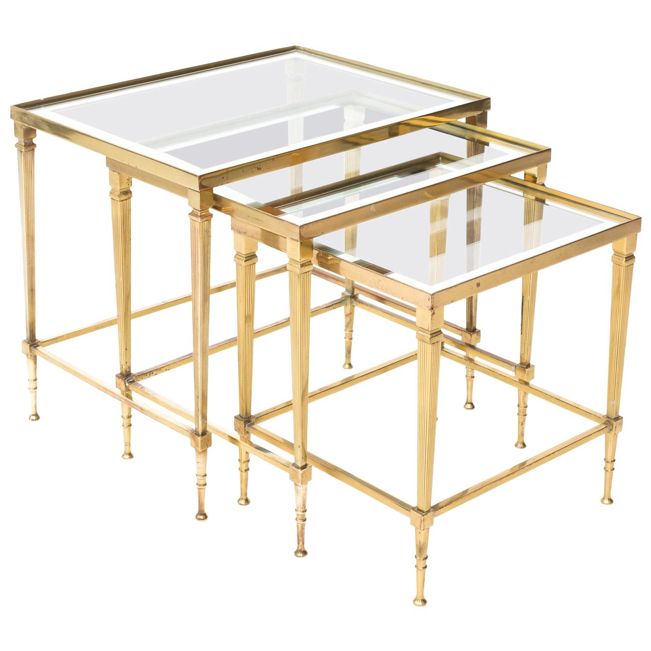 Set of Three Brass and Glass Nesting Tables