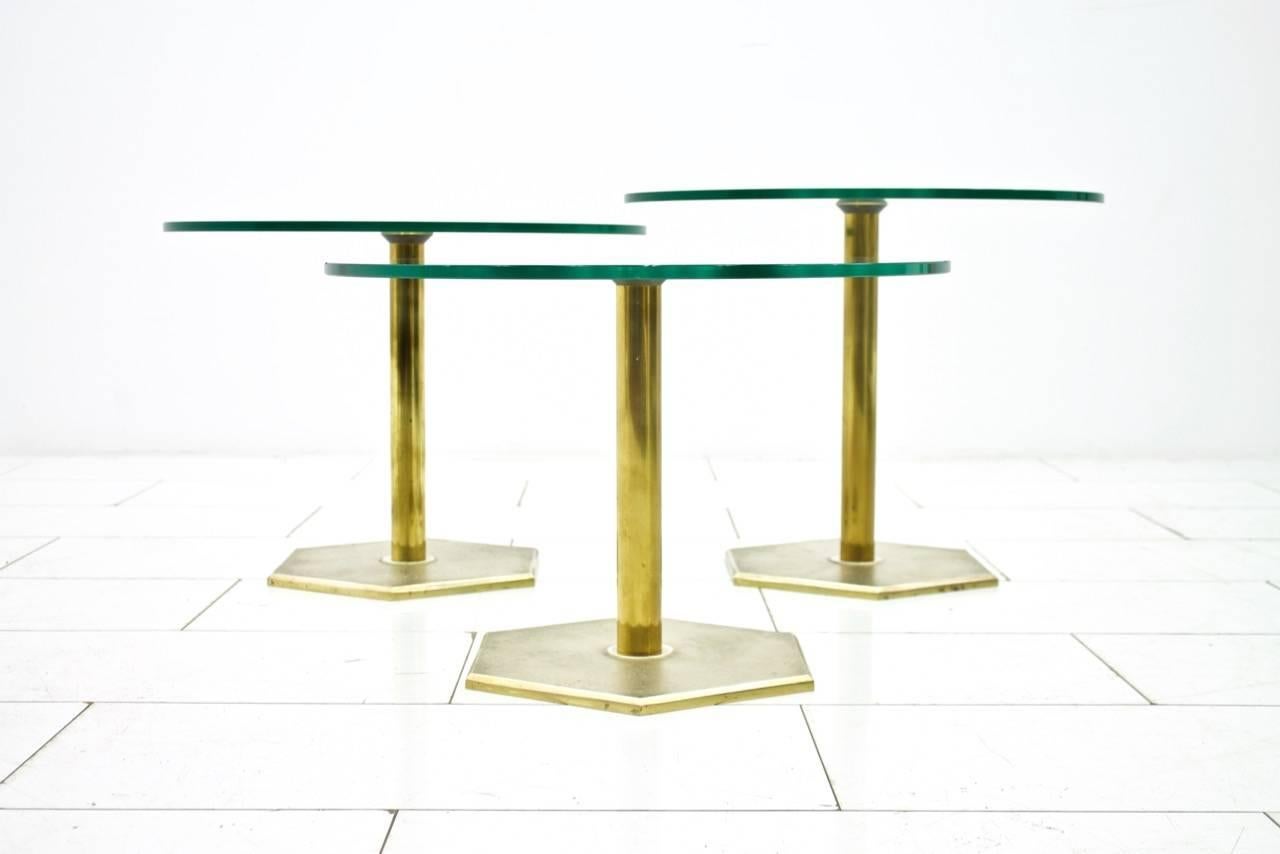 Beautiful set of three side tables in brass and glass in different height. Can be use as nesting tables. High quality. Very good condition.
Measures: Diameter 60 cm. Height 40 cm, 44 cm and 48 m.

 