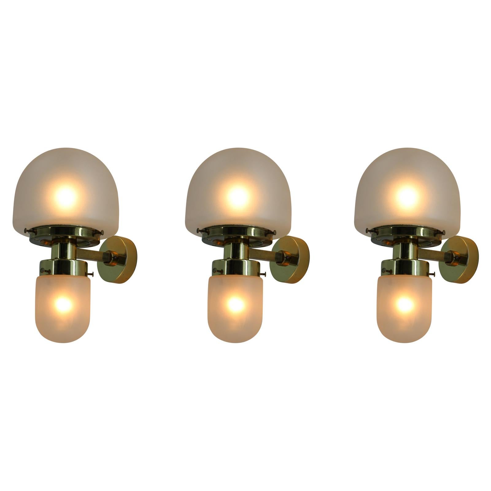 Set of Three Brass and Glass Wall Lamps by Kamenicky Senov, 1960s For Sale