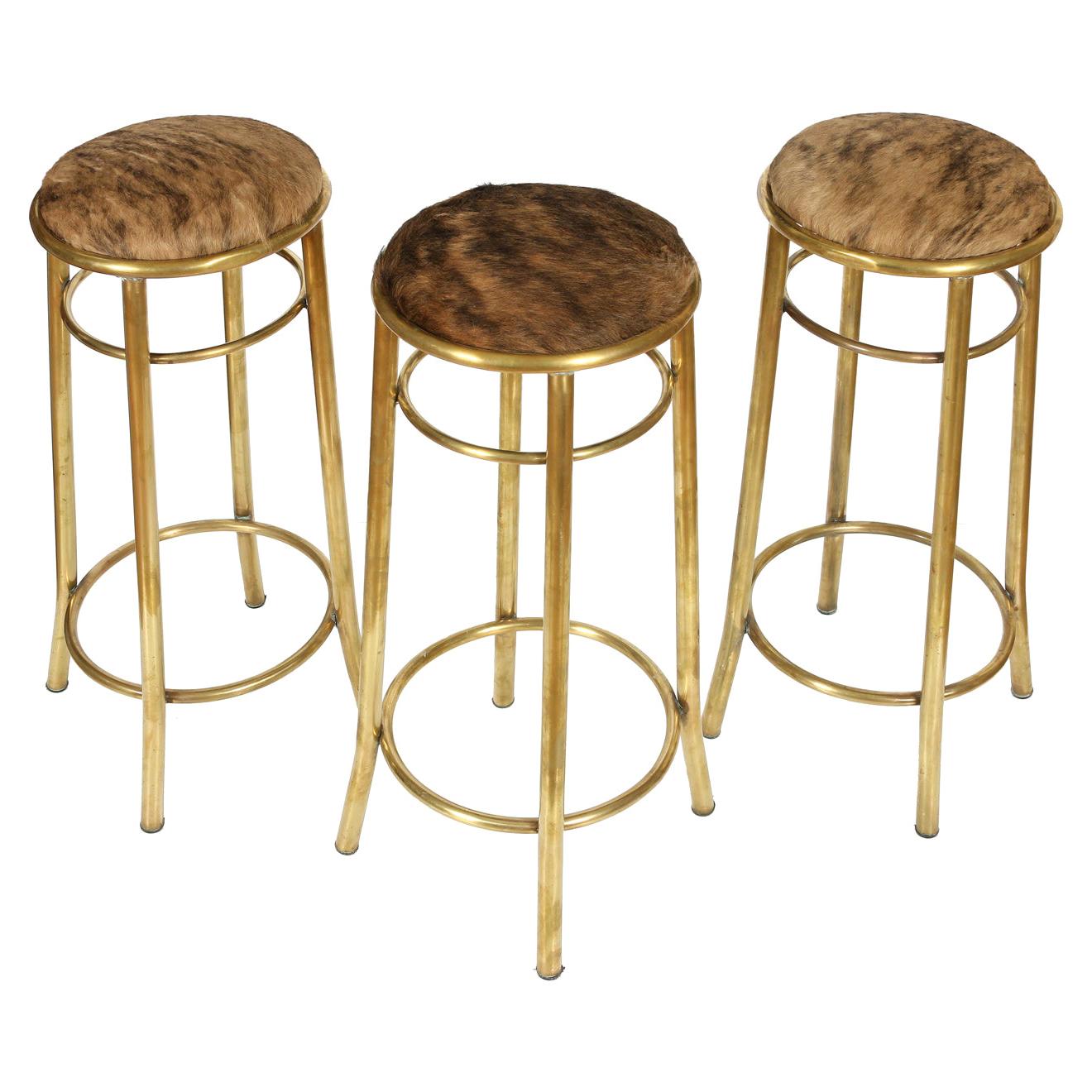 Set of Three Brass and Hide Round Barstools
