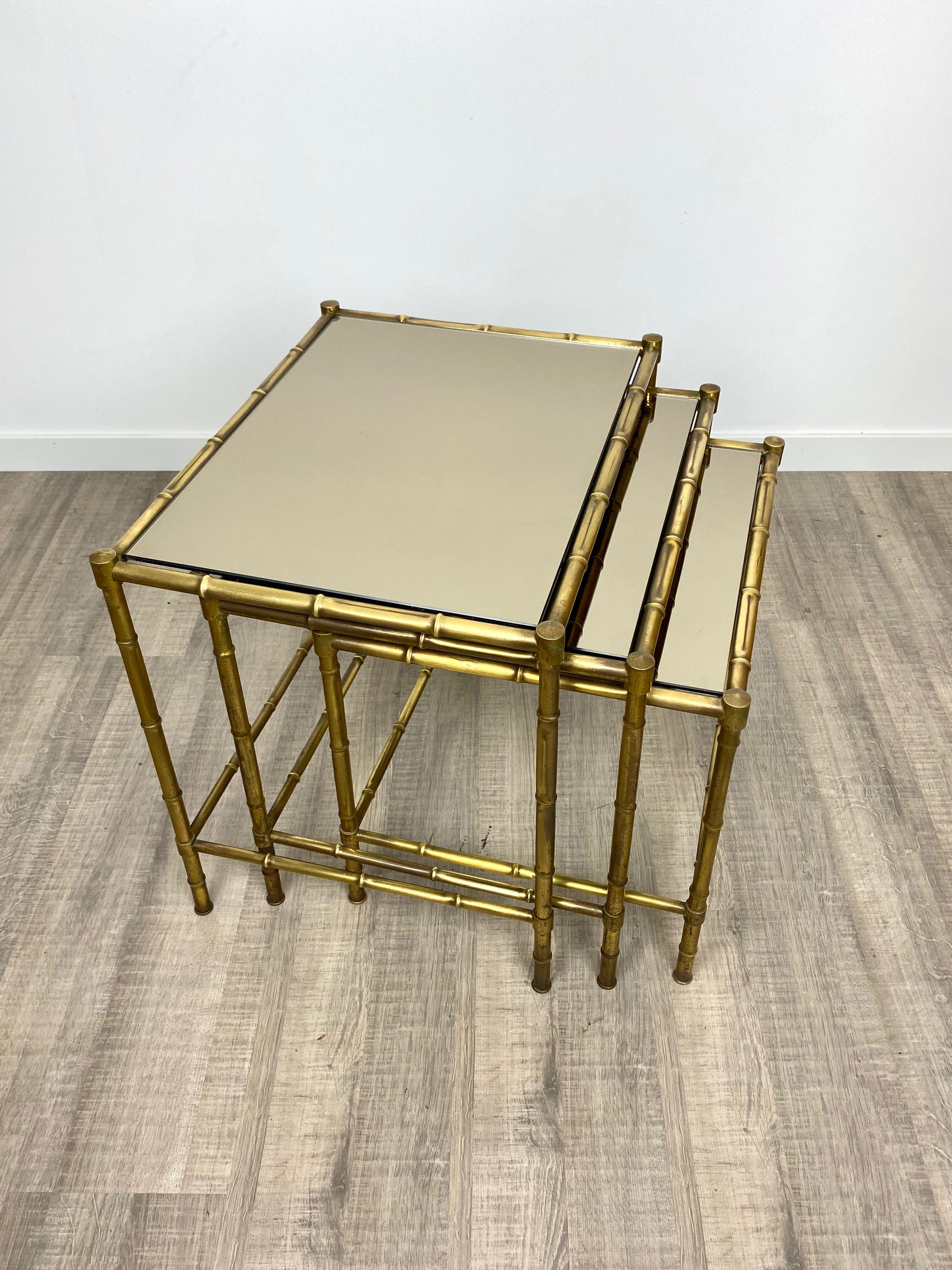 Set of Three Brass and Mirror Nesting Coffee Table by Maison Baguès France 1960s 5