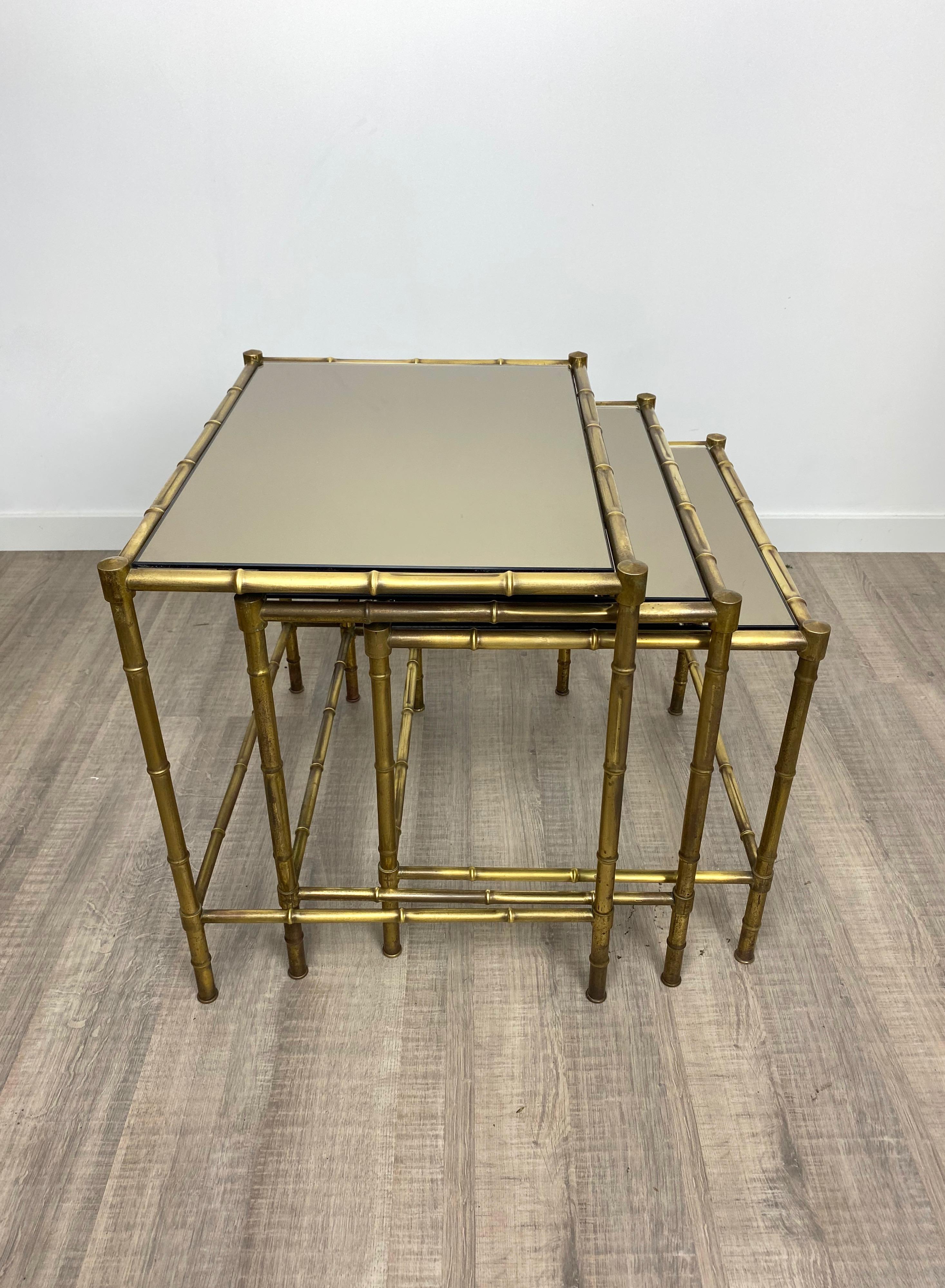 Set of Three Brass and Mirror Nesting Coffee Table by Maison Baguès France 1960s 6