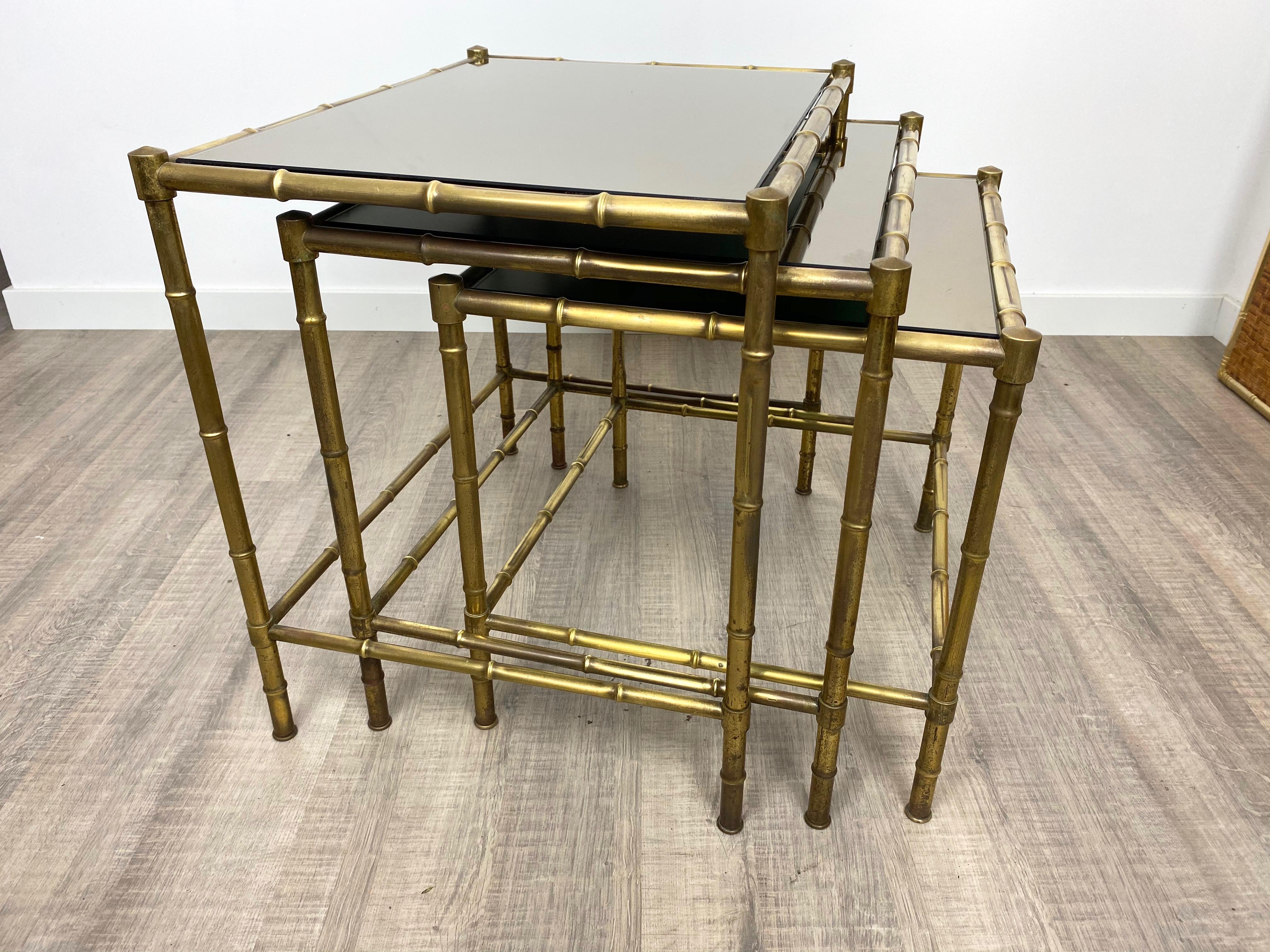 Set of Three Brass and Mirror Nesting Coffee Table by Maison Baguès France 1960s 8