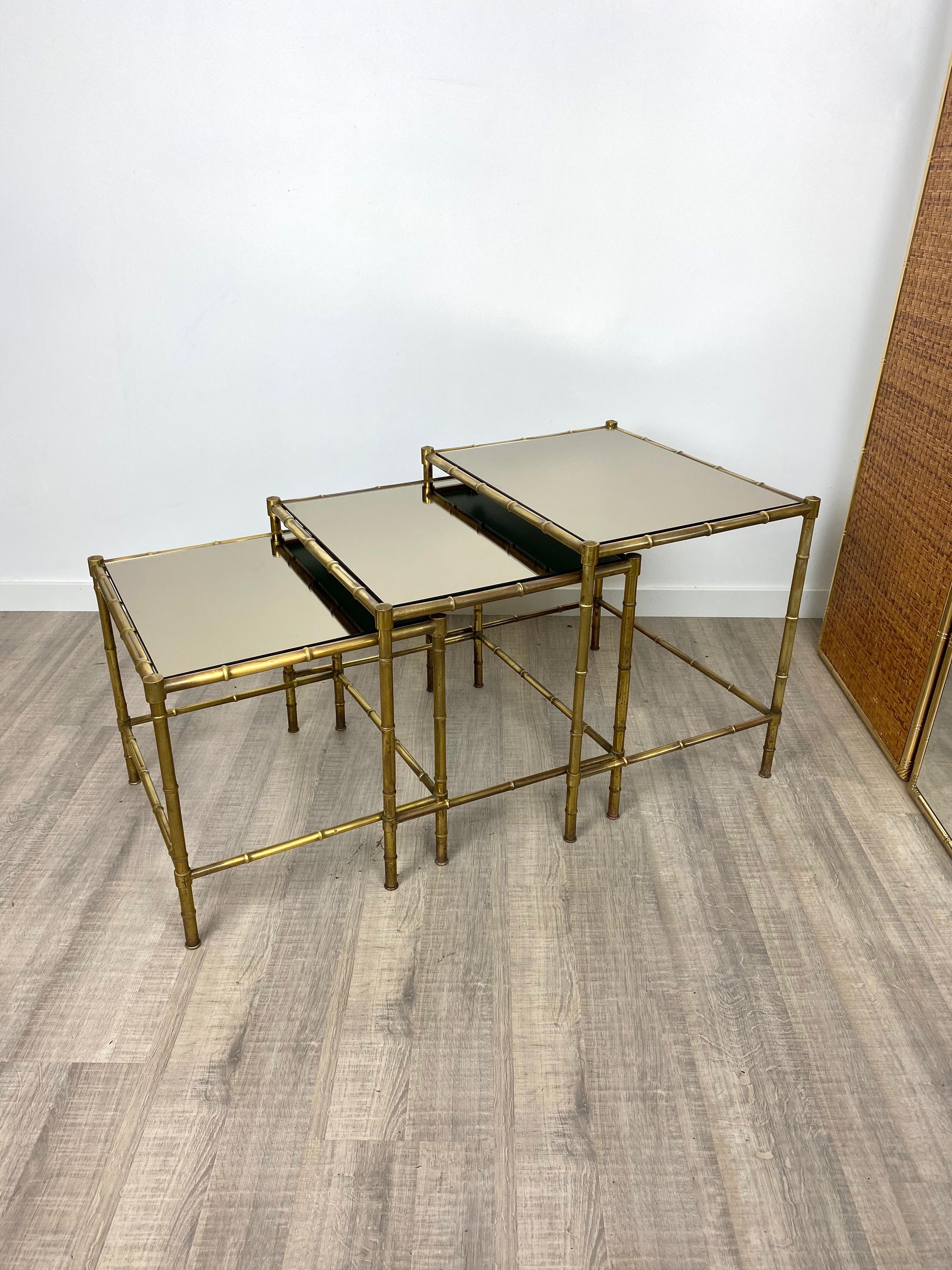 Set of Three Brass and Mirror Nesting Coffee Table by Maison Baguès France 1960s 1