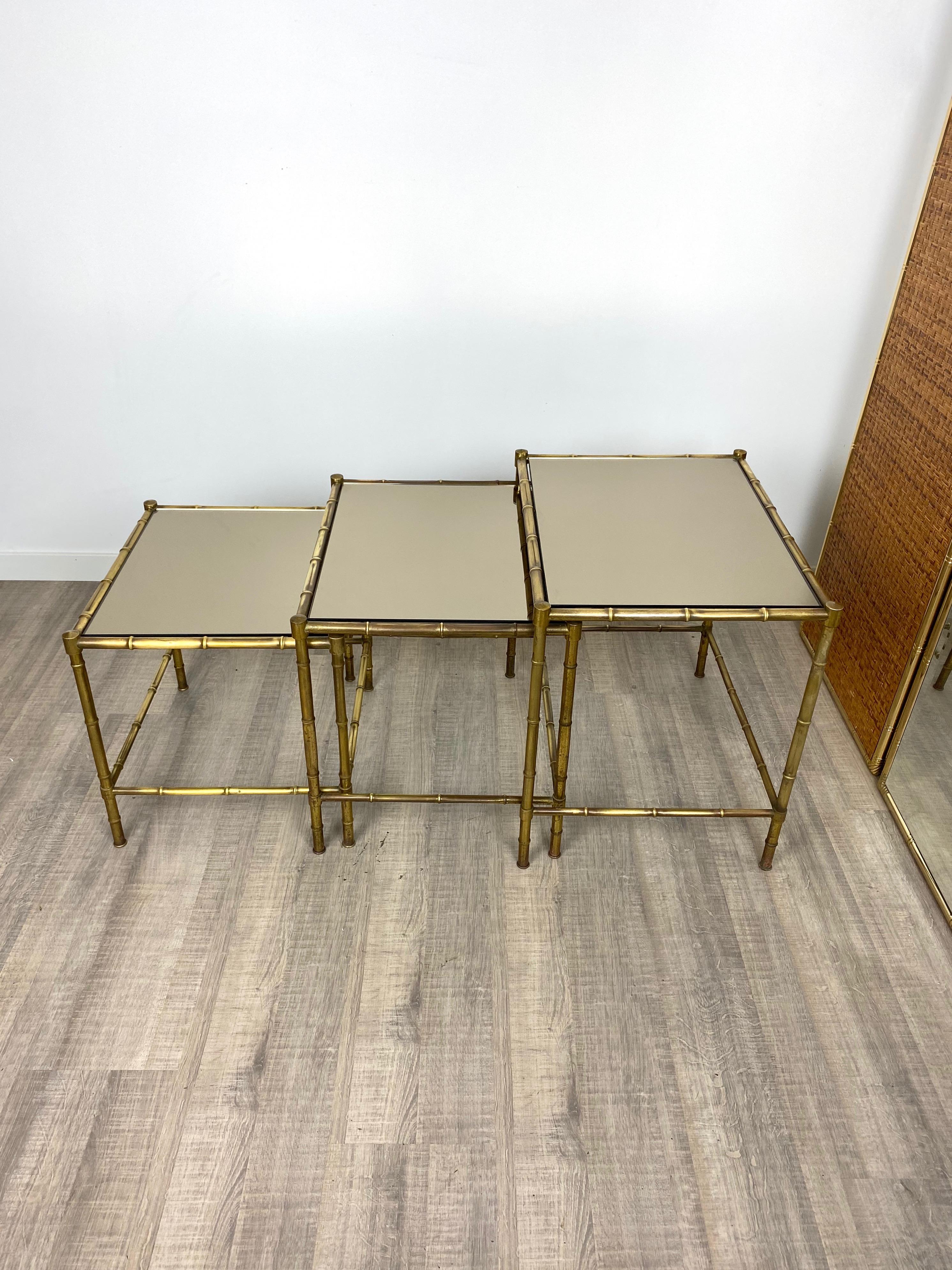 Set of Three Brass and Mirror Nesting Coffee Table by Maison Baguès France 1960s 2