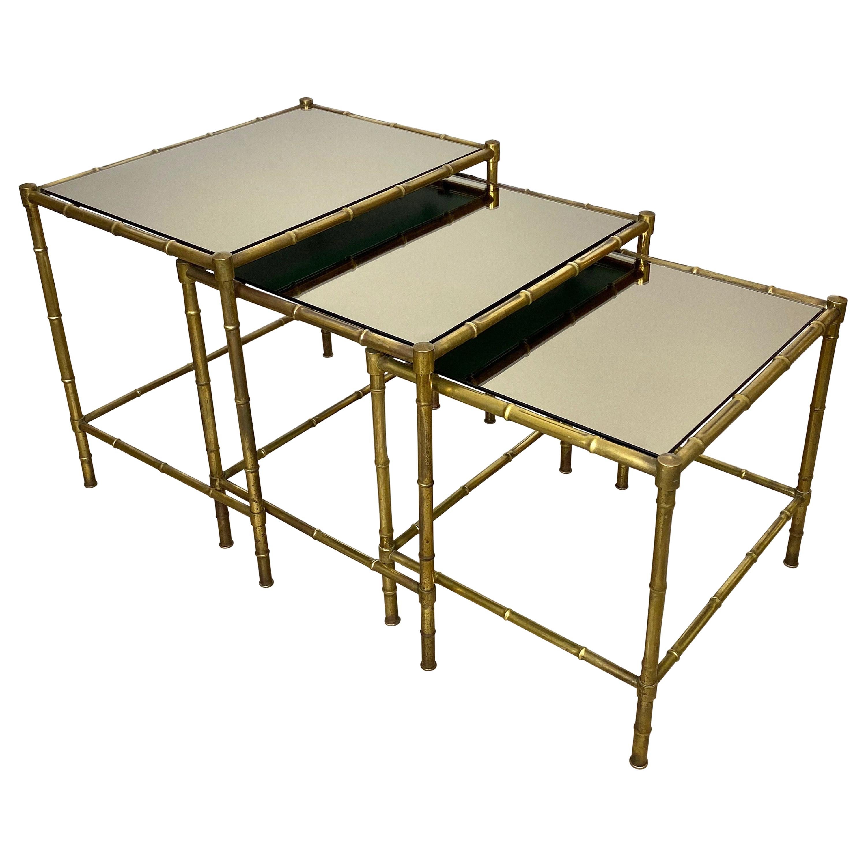 Set of Three Brass and Mirror Nesting Coffee Table by Maison Baguès France 1960s