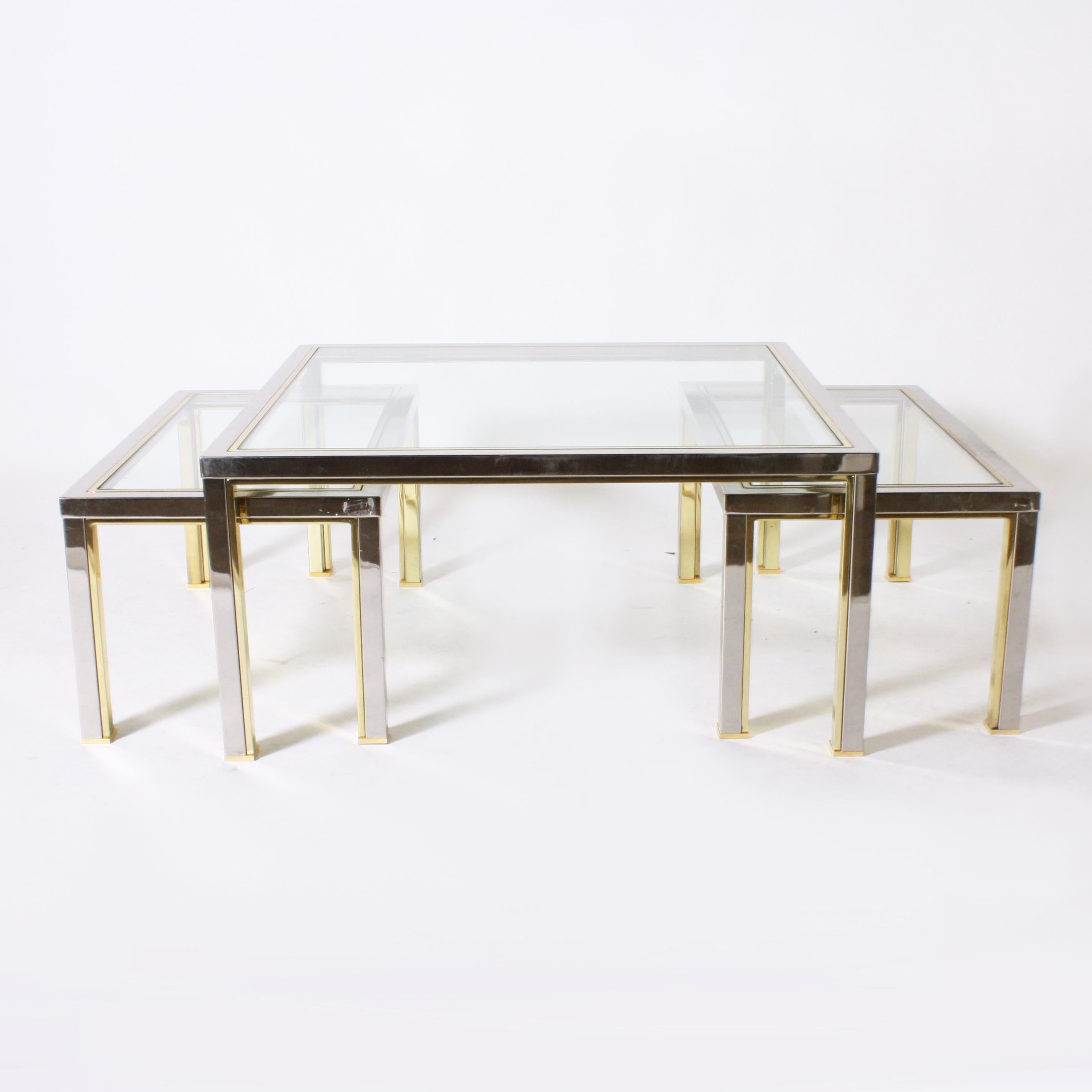 Late 20th Century Set of Three Brass and Nickel Nesting Coffee Tables in the Style of Romeo Rega