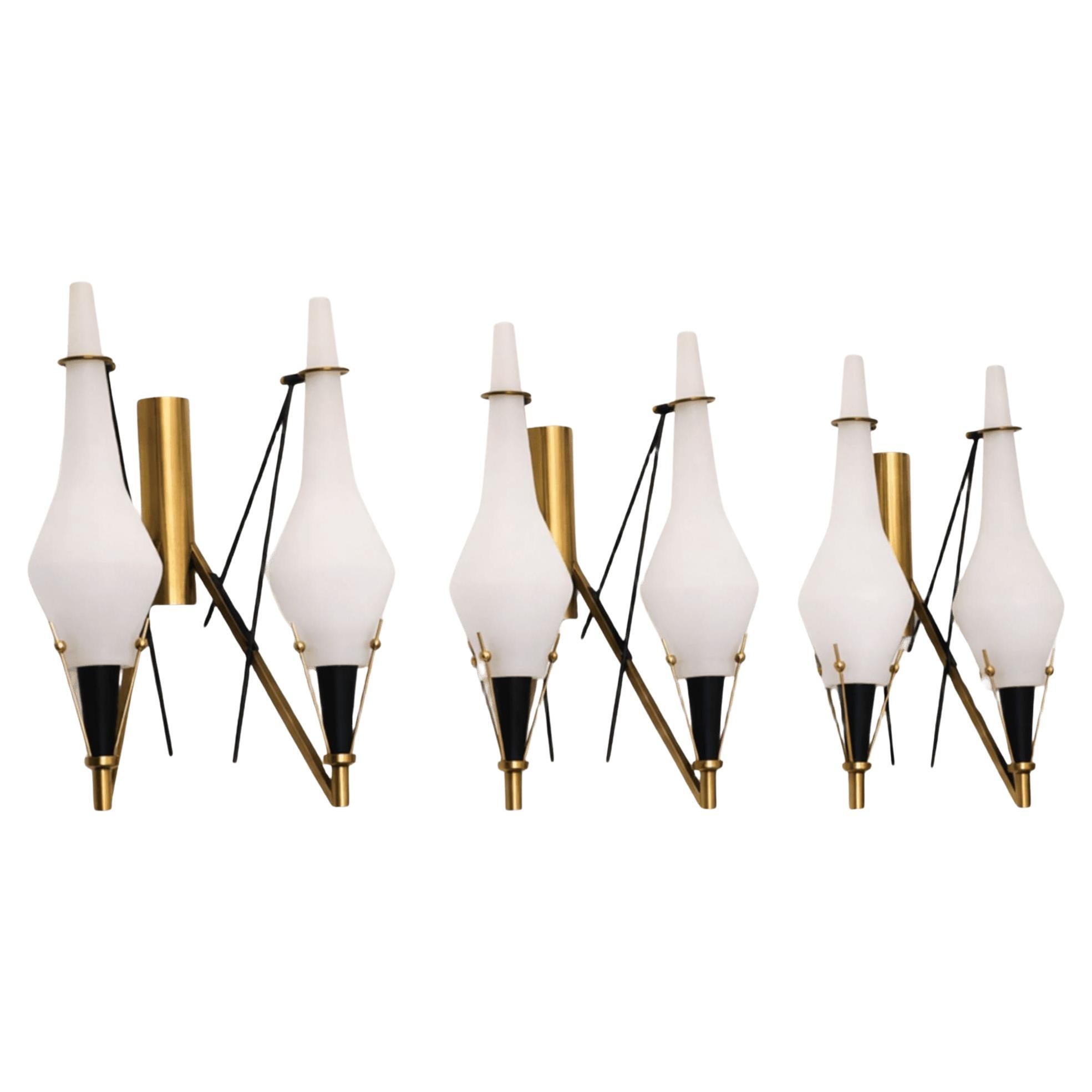 Mid-century modern murano glass sconces brass wall lights Stilnovo, Italy, 1960