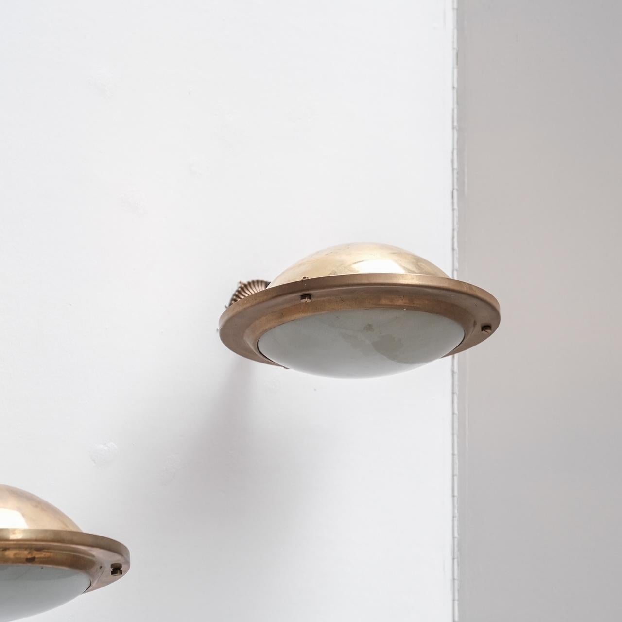 Mid-Century Modern Set of Three Brass and Opaque Glass Mid-Century Wall Lights For Sale