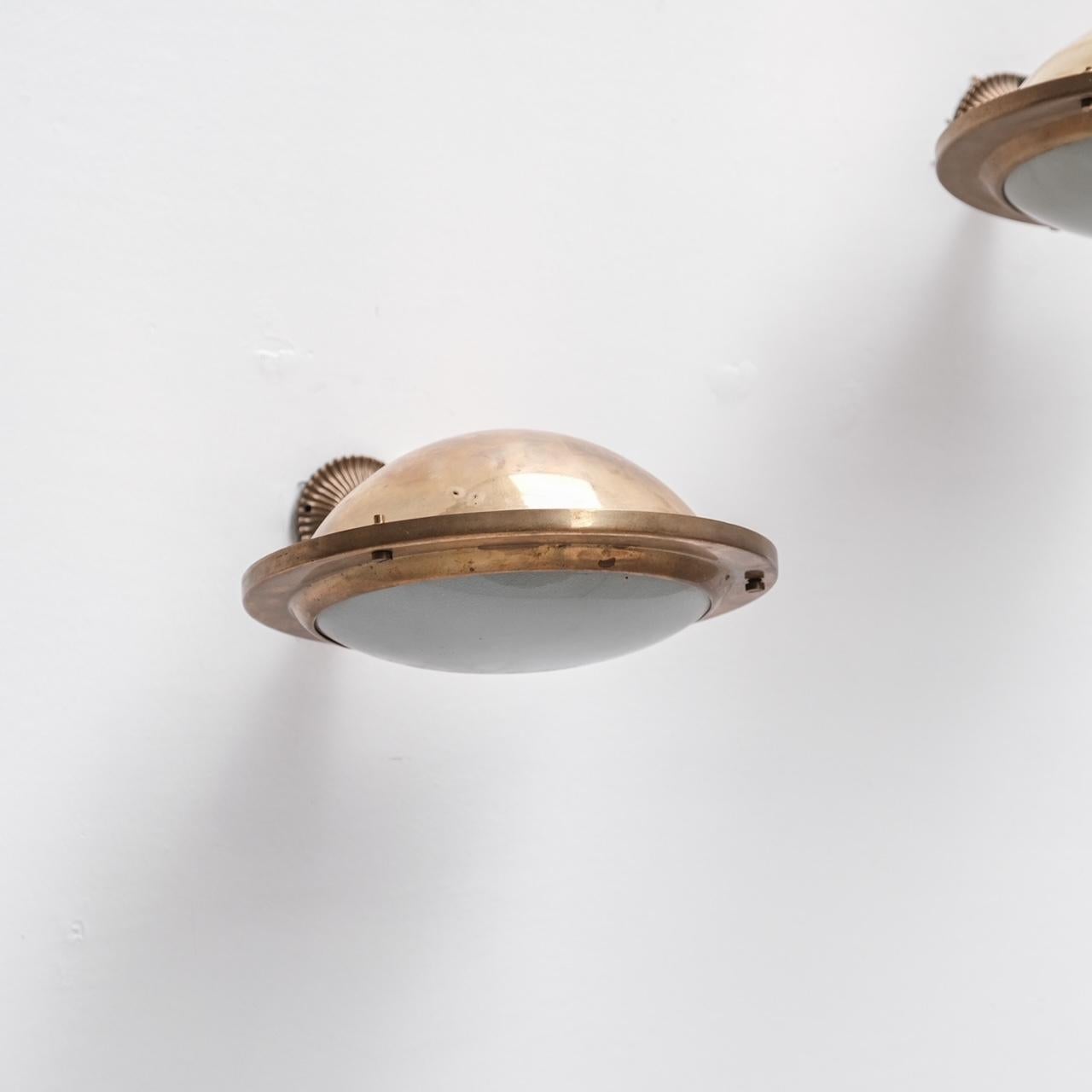 French Set of Three Brass and Opaque Glass Mid-Century Wall Lights For Sale