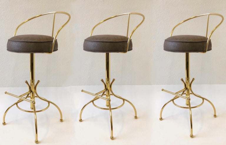 Set of Three Brass and Suede Leather Swivel Barstools by Charles Hollis Jones For Sale 7