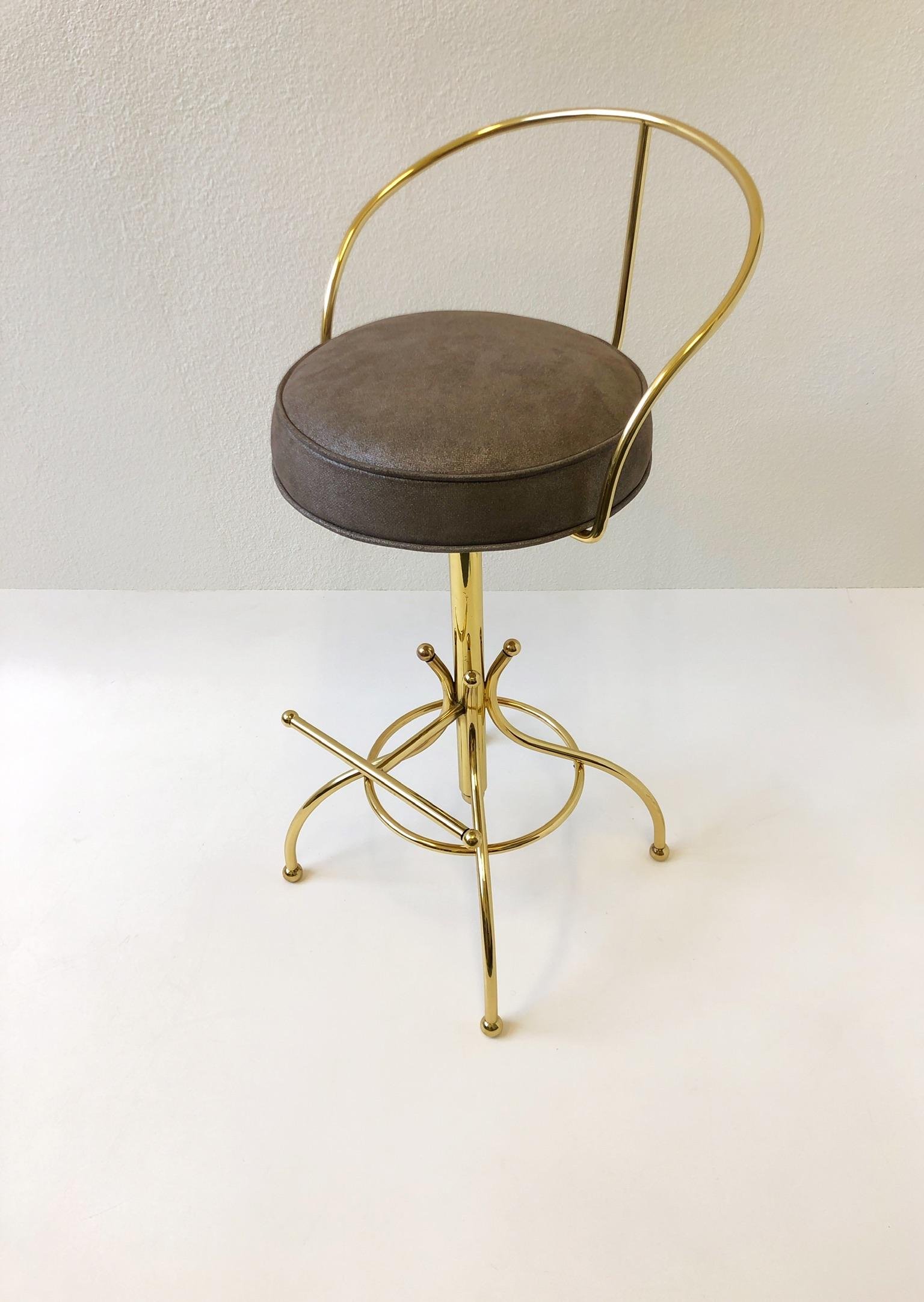 American Set of Three Brass and Suede Leather Swivel Barstools by Charles Hollis Jones For Sale