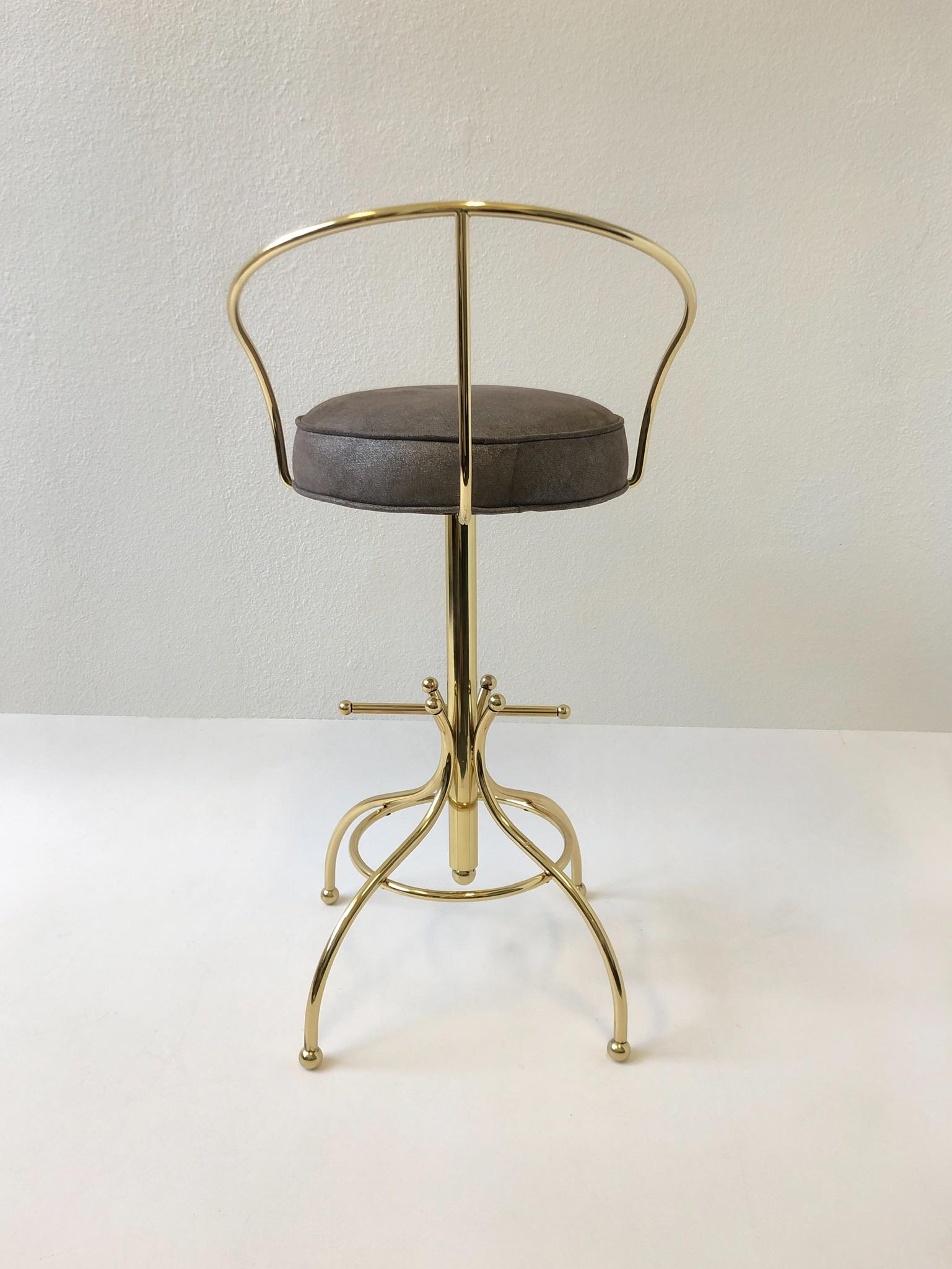 Set of Three Brass and Suede Leather Swivel Barstools by Charles Hollis Jones In Excellent Condition For Sale In Palm Springs, CA